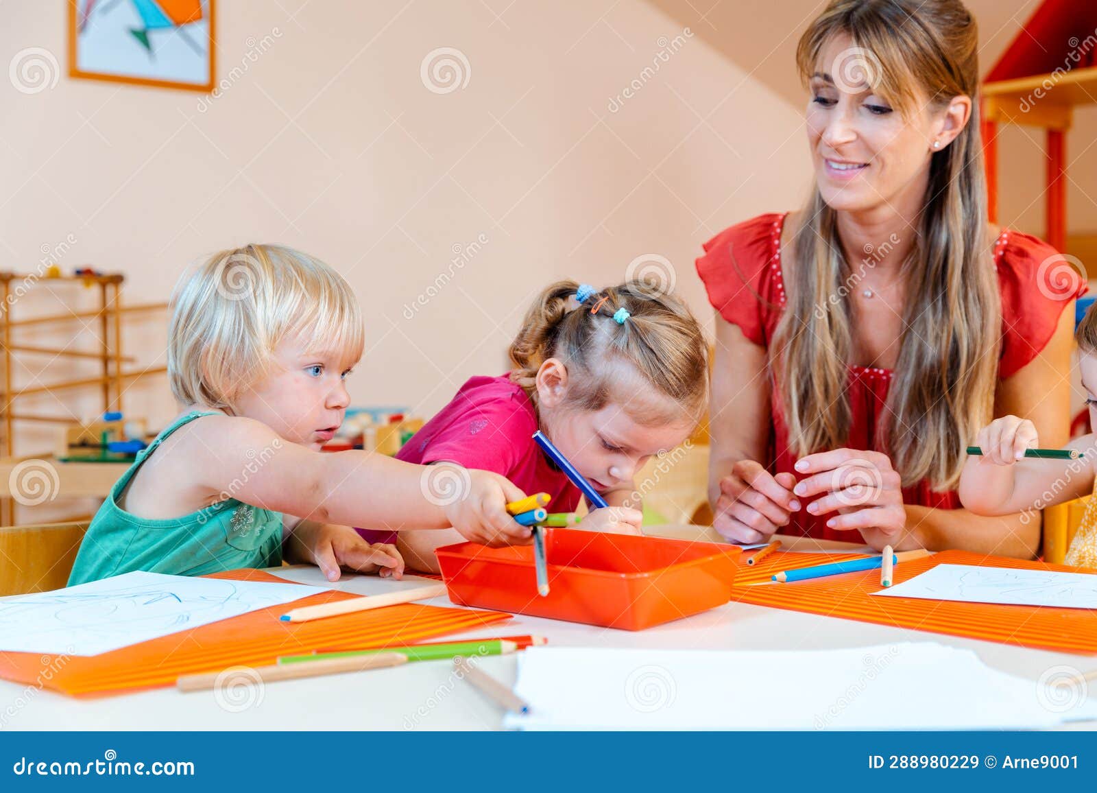 Children Drawing in Playgroup of Nursery School Stock Image Image of
