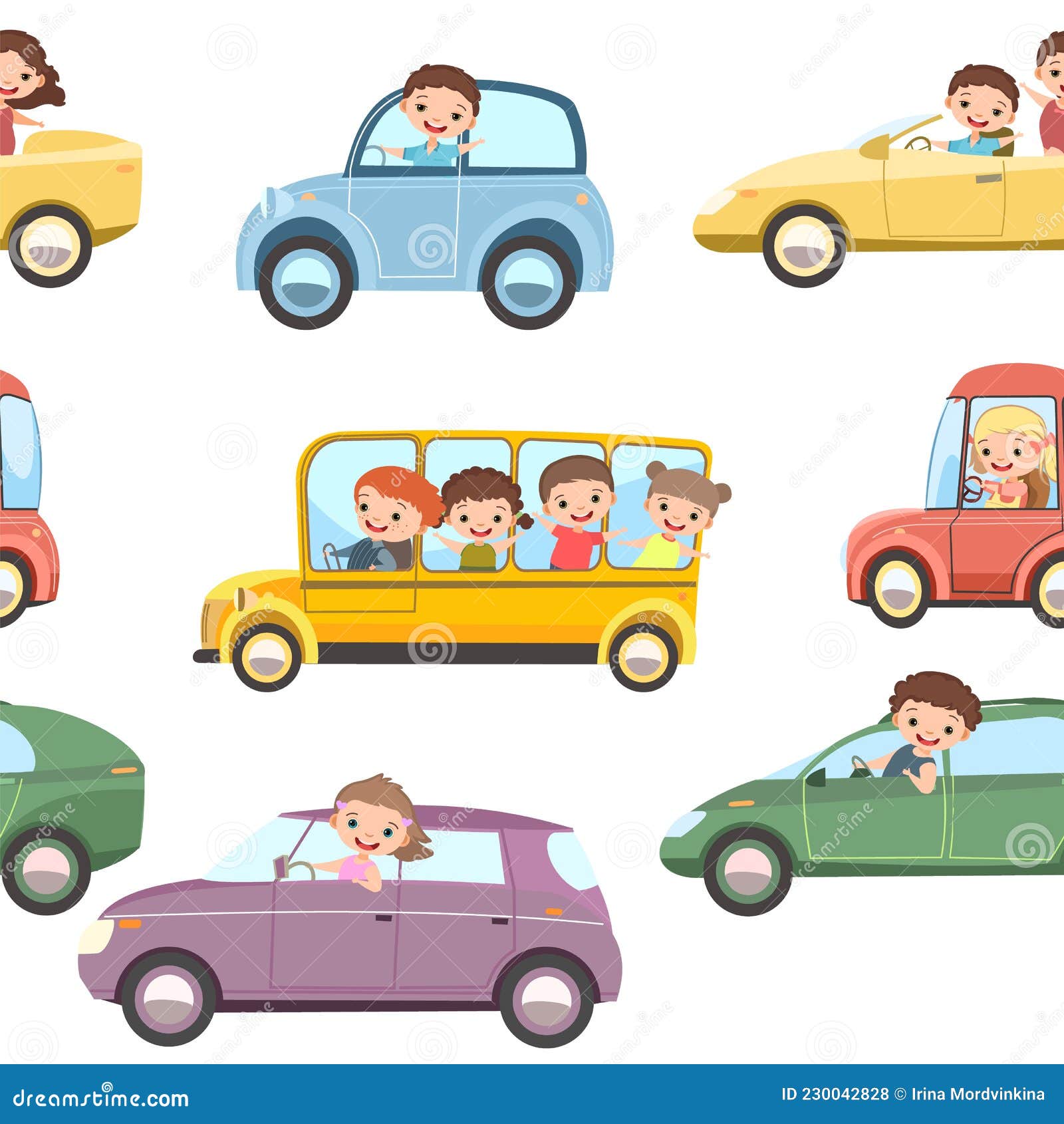 Children Drive Cars. Seamless Cartoon Pattern. Kids Motorists