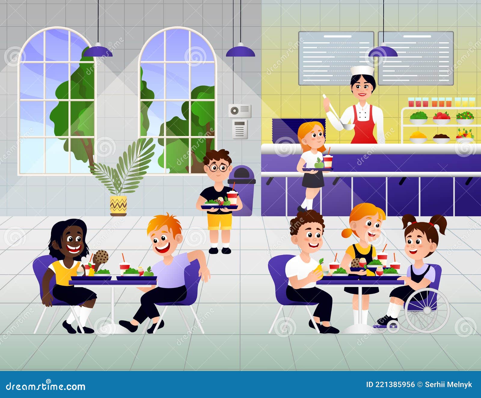 Children eat in canteen stock vector. Illustration of sitting - 221385956