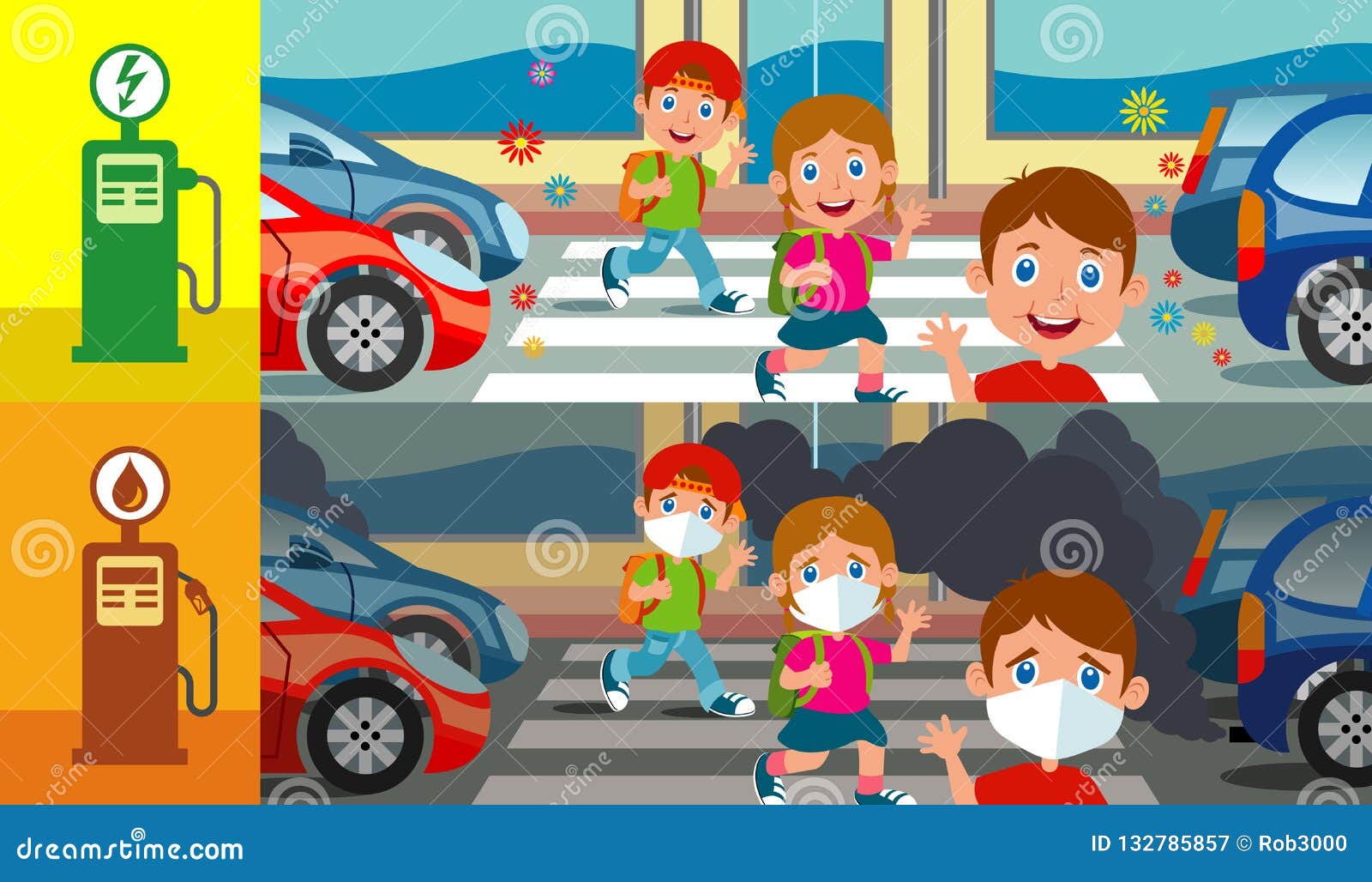 children with electric cars and petrol cars