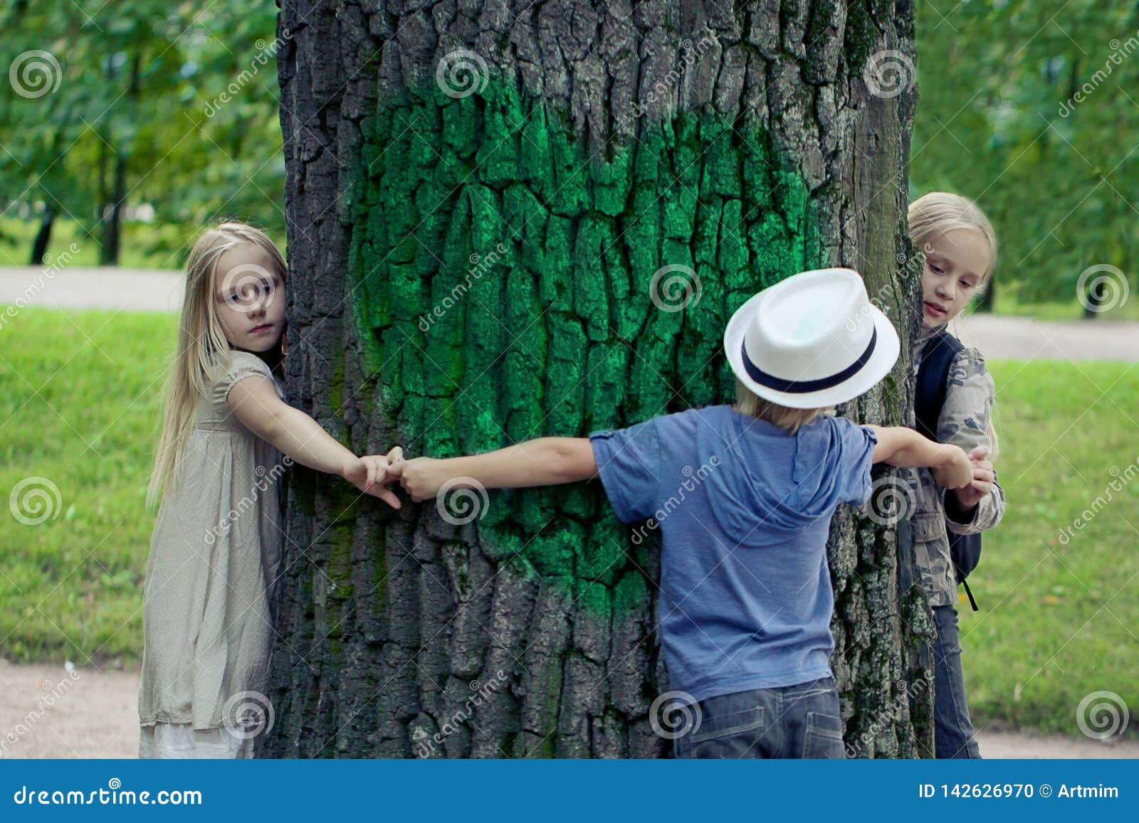 Children Embracing Tree. Environmental Protection Outdoor Nature