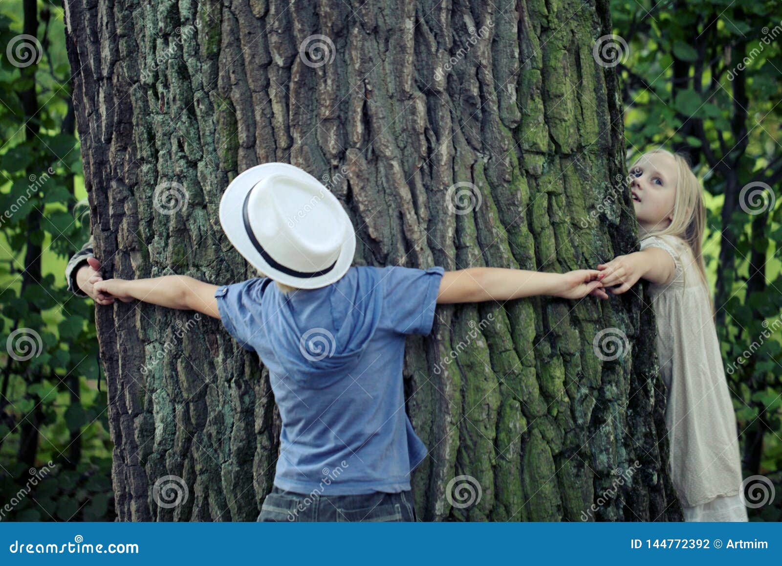 Children Embracing Tree. Environmental Protection Outdoor Nature