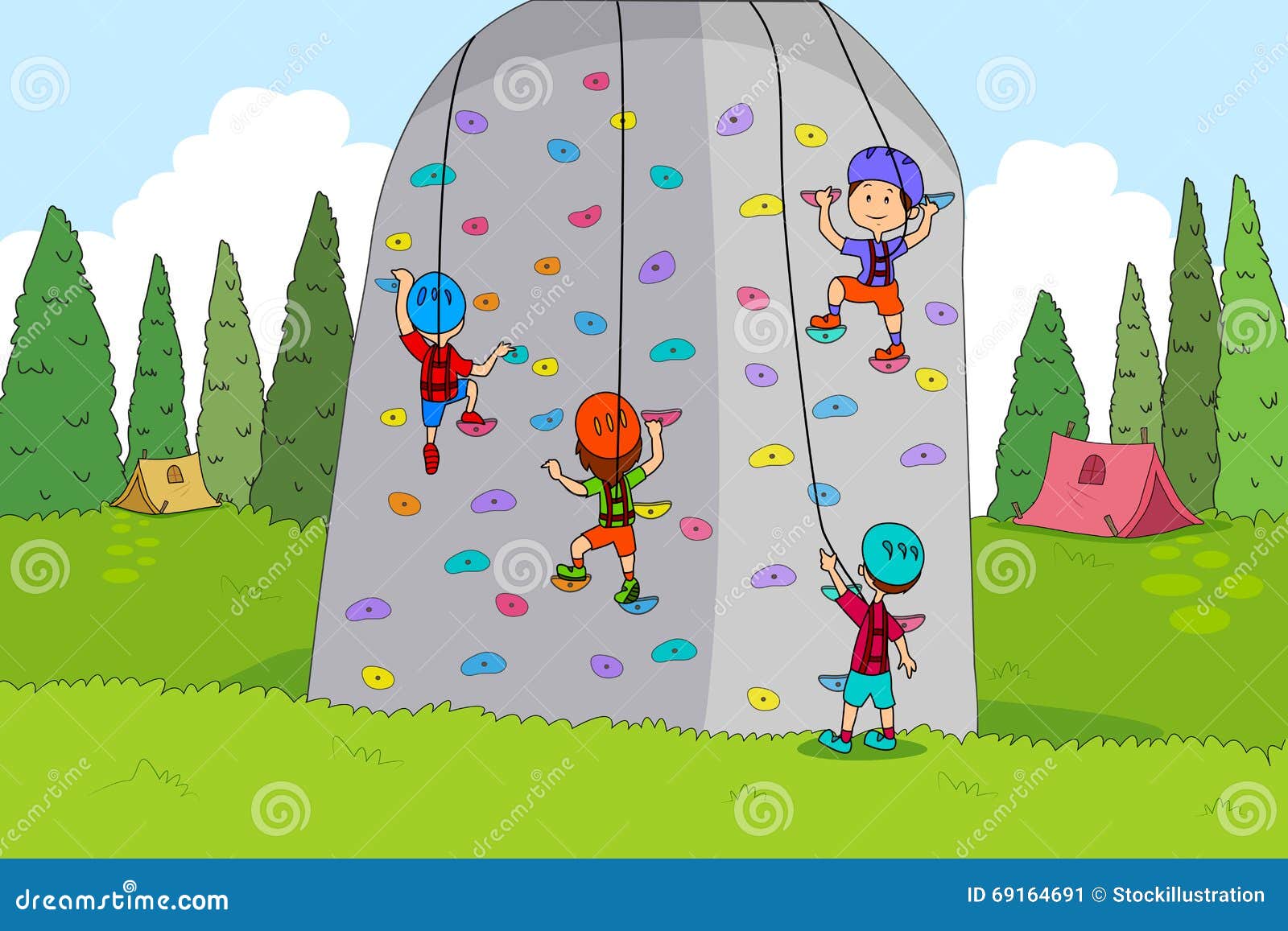 Children Enjoying Summer Camp Rock Climbing Activities Stock Vector