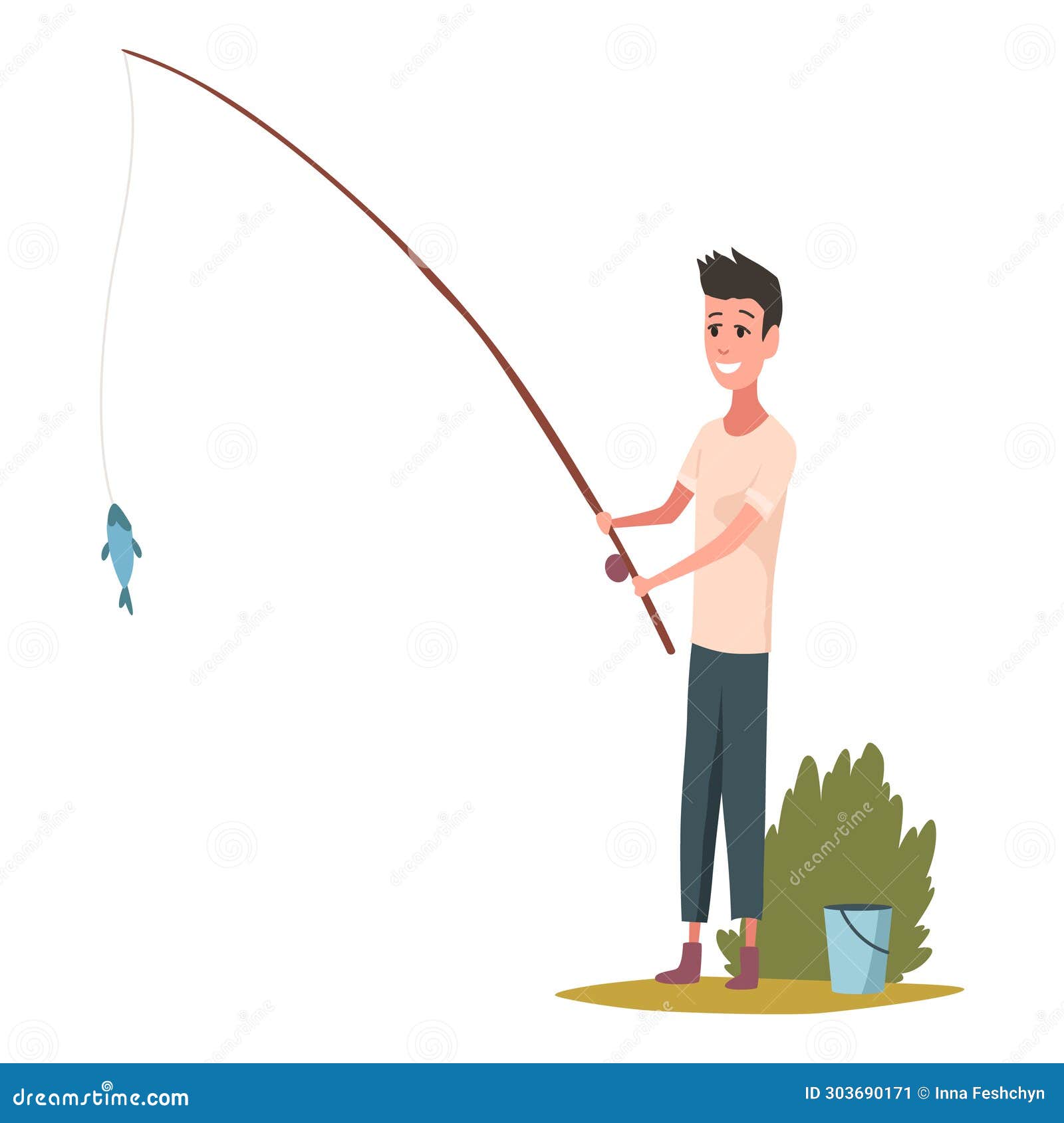 Children Fishing Icon. Happy Boy Child Holding Fish on Fishing Rod Hook.  Fisherman with Fish Catch Cartoon Stock Vector - Illustration of bucket,  young: 303690171