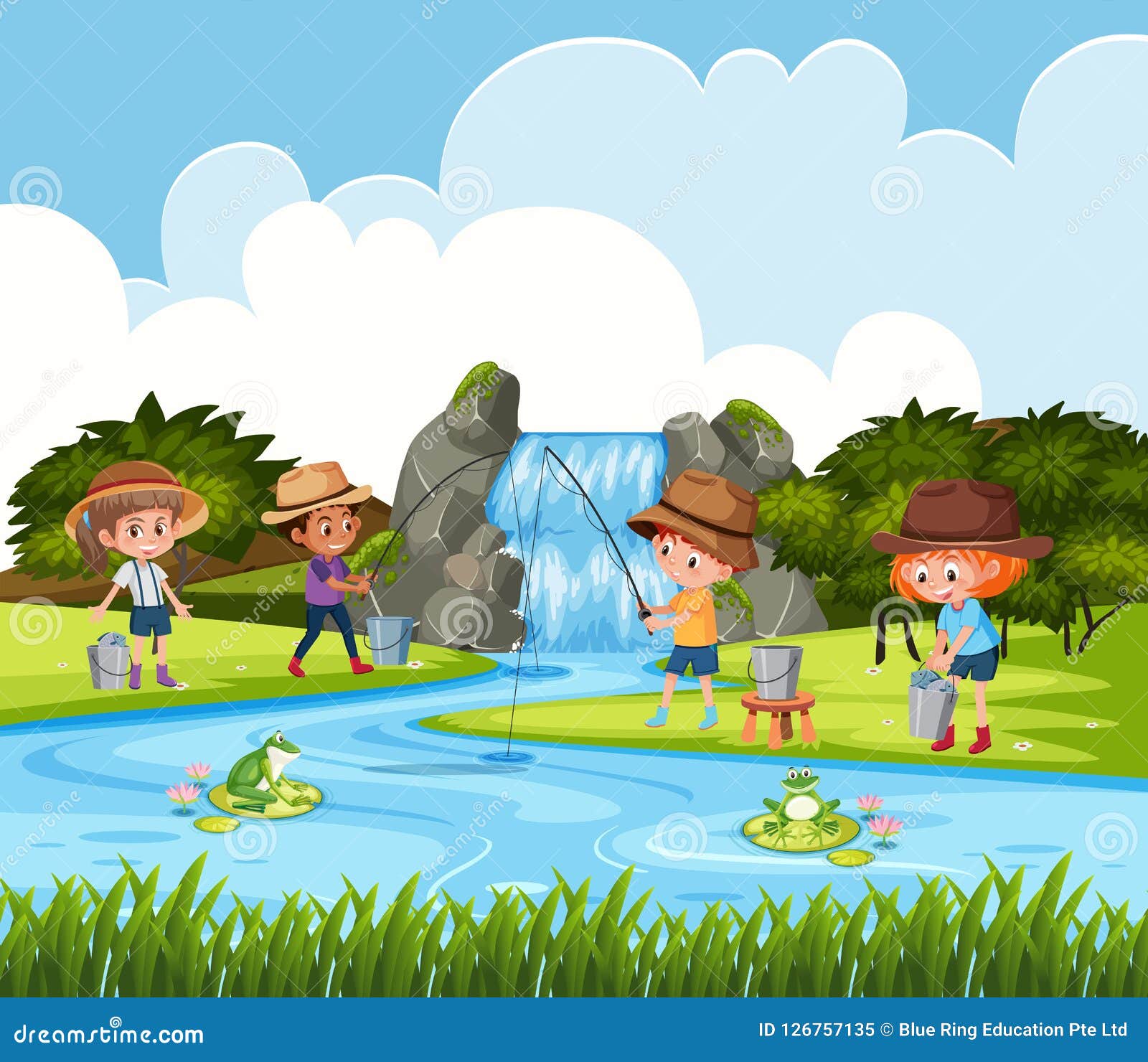 Children Fishing in Outdoor Scene Stock Vector - Illustration of