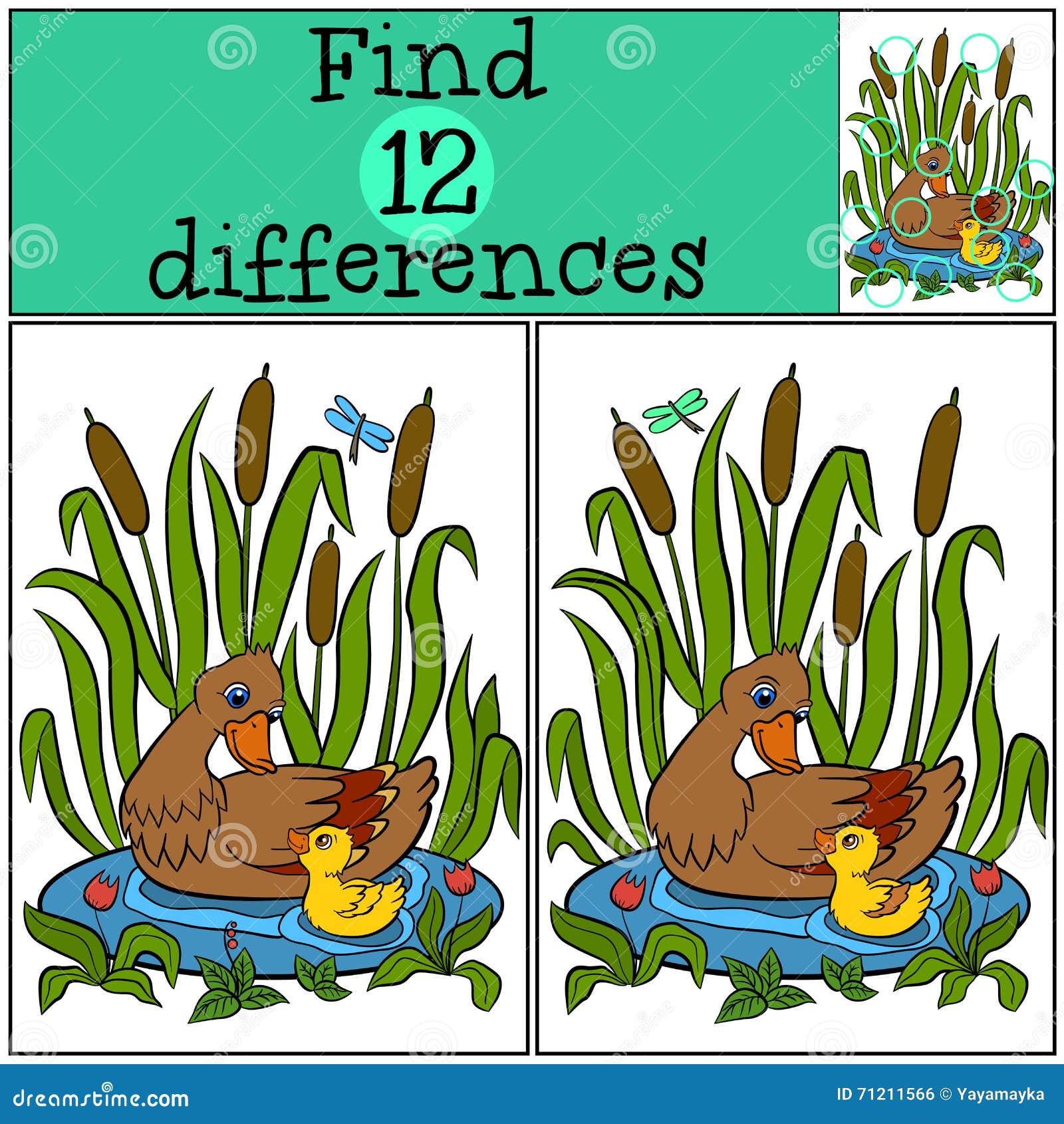 Children Games: Find Differences. Mother Duck Swims on the Pond with ...