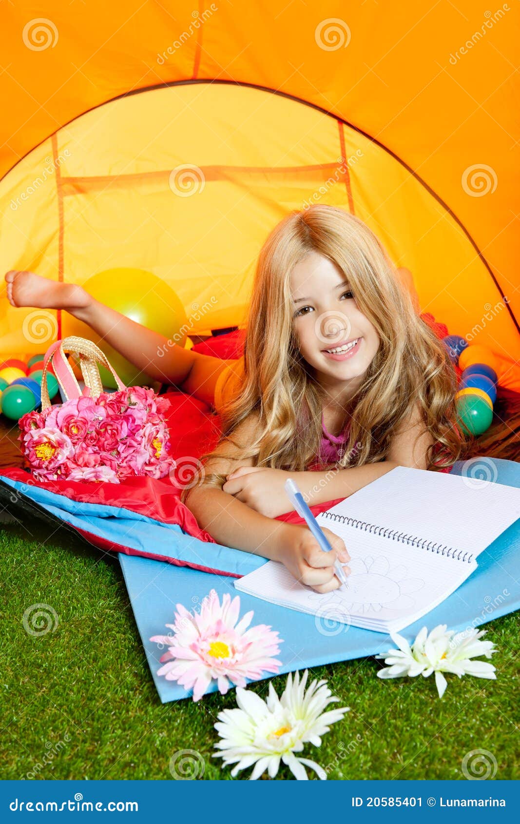 Children Girl Writing Notebook In Camping Tent Stock Image - Image of