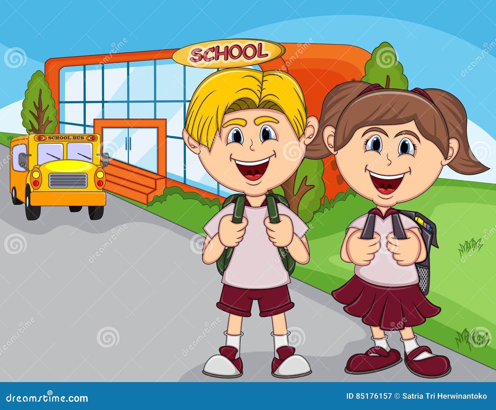 Children Go To School Cartoon Stock Vector - Illustration of elementary,  house: 85176157