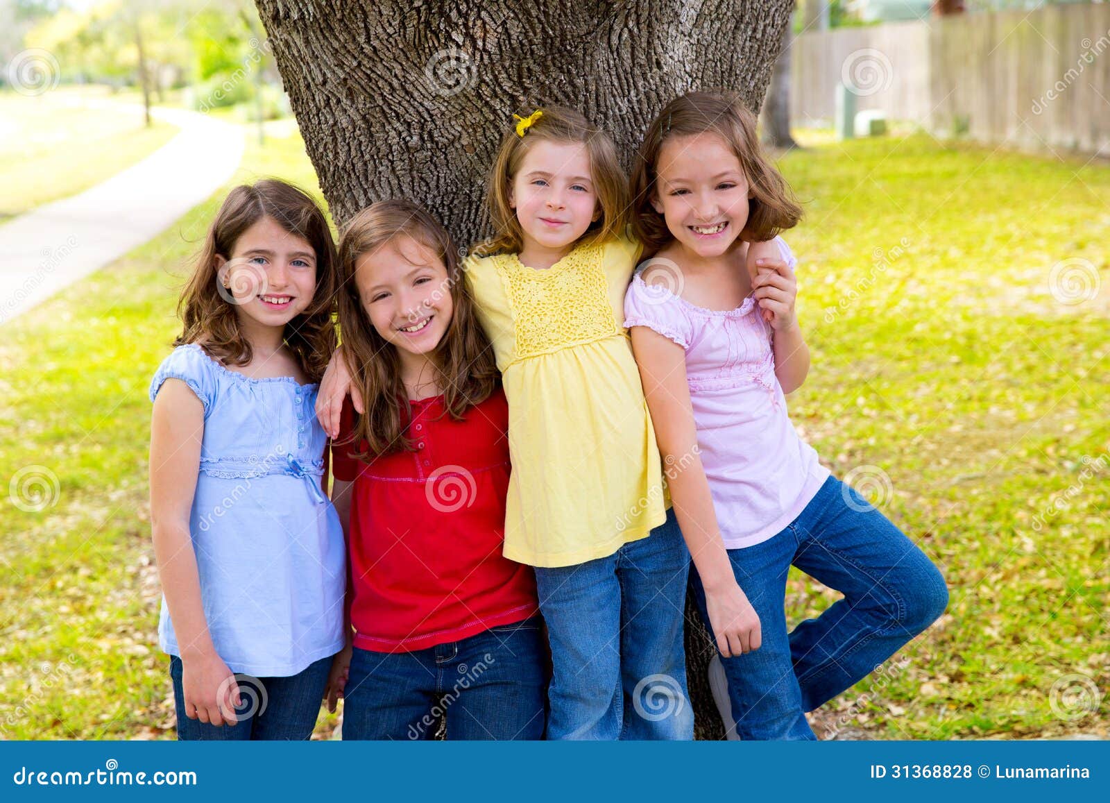 Children Group Friend Girls Playing on Tree Stock Photo - Image of ...