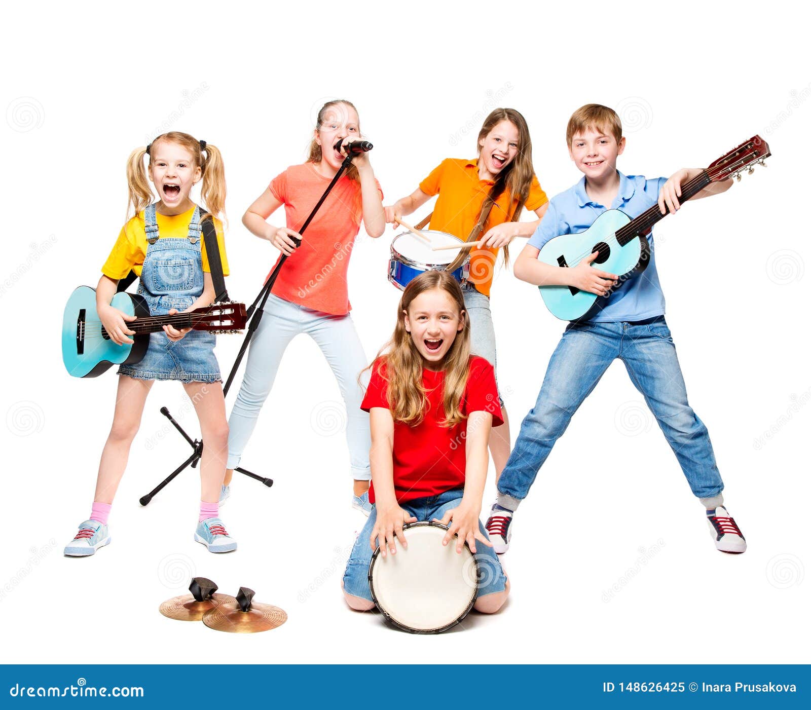 children group playing on music instruments, kids musical band on white