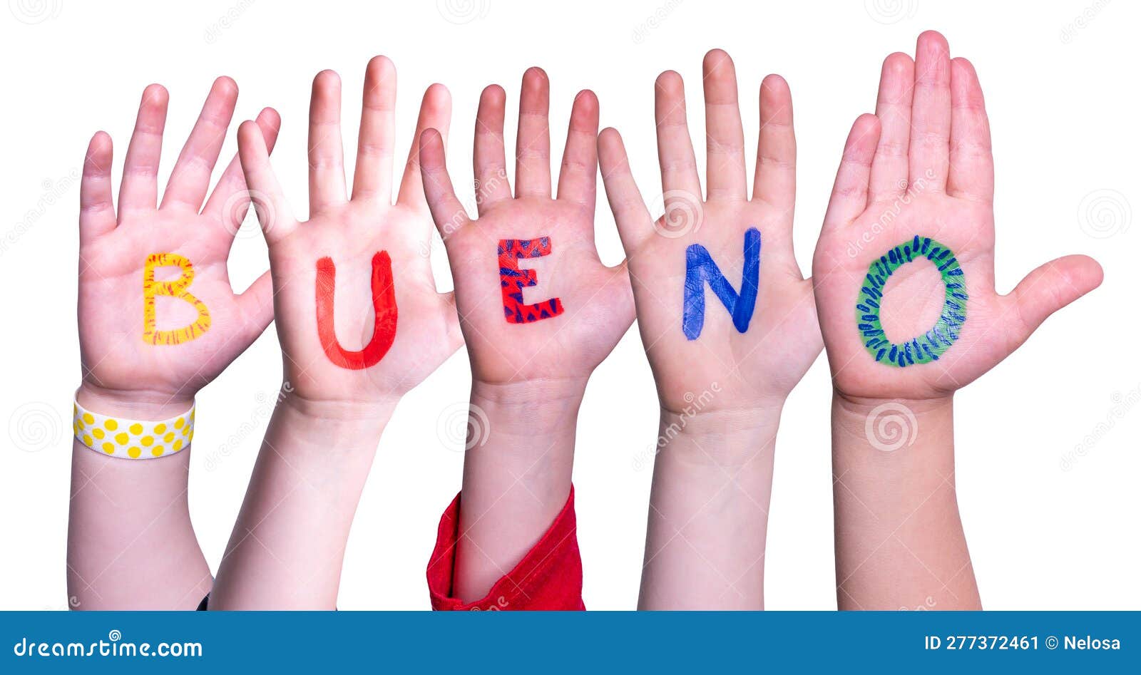 children hands building word bueno means good,  background