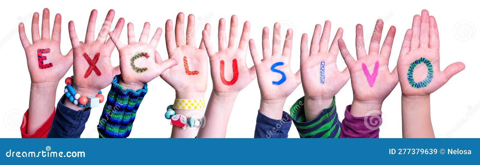 children hands building word exclusivo means exclusive,  background