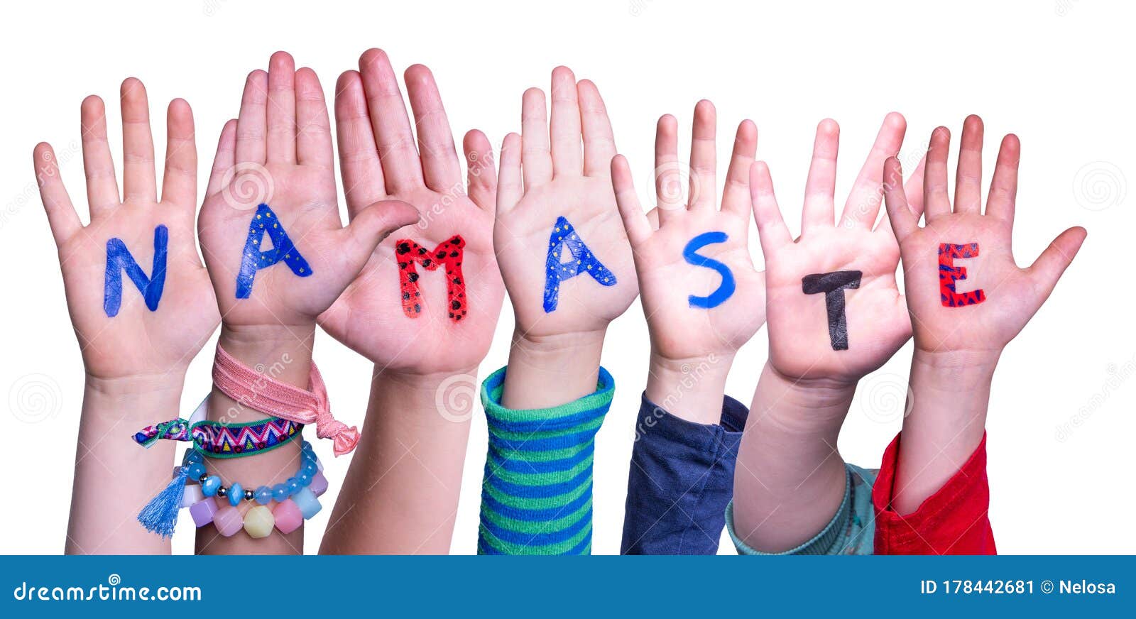 Children Hands Building Word Namaste Means Hello Isolated Background