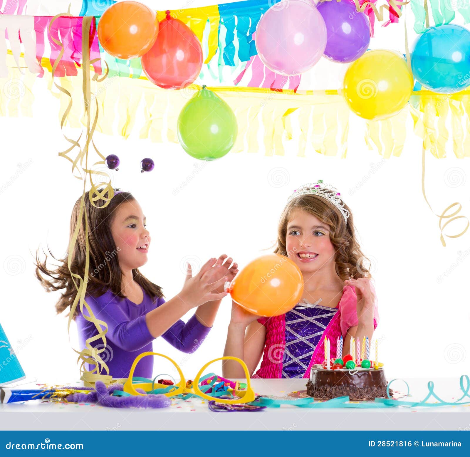 Children Happy  Birthday  Party Girls  With Balloons  Stock 