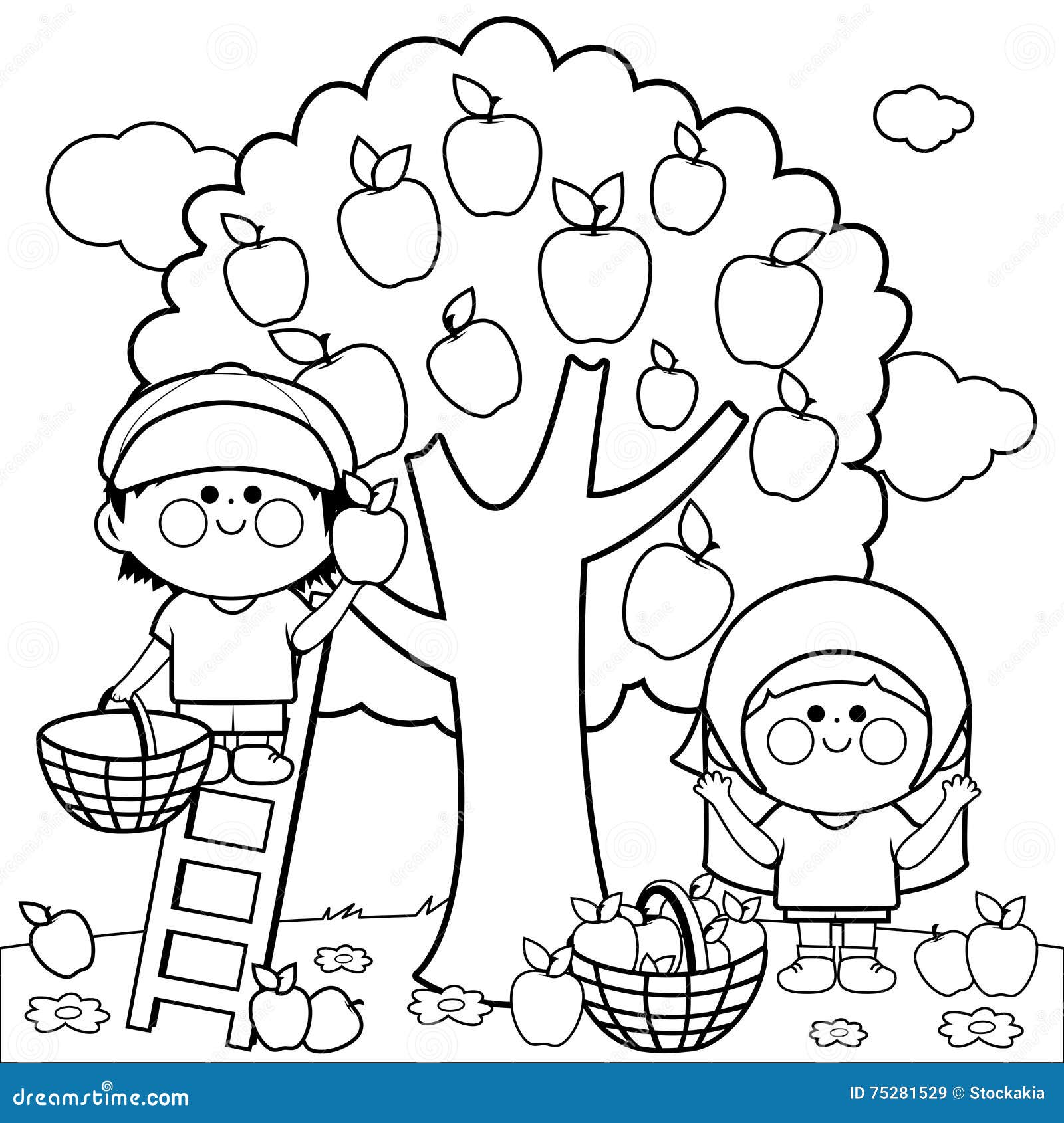 Download Children Harvesting Apples Coloring Book Page Stock Vector Illustration Of Painting Picking 75281529