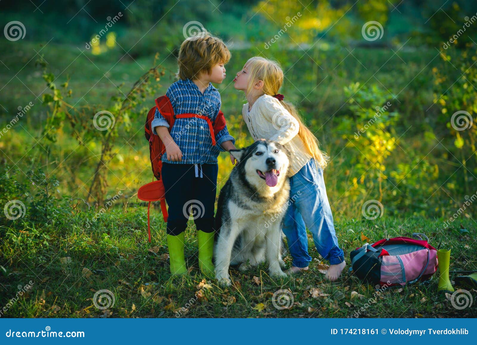 Childhood Friends With A Pet And Master Relationship Children are Hiking Together with Pet Dog. Romantic and Love. Sweet