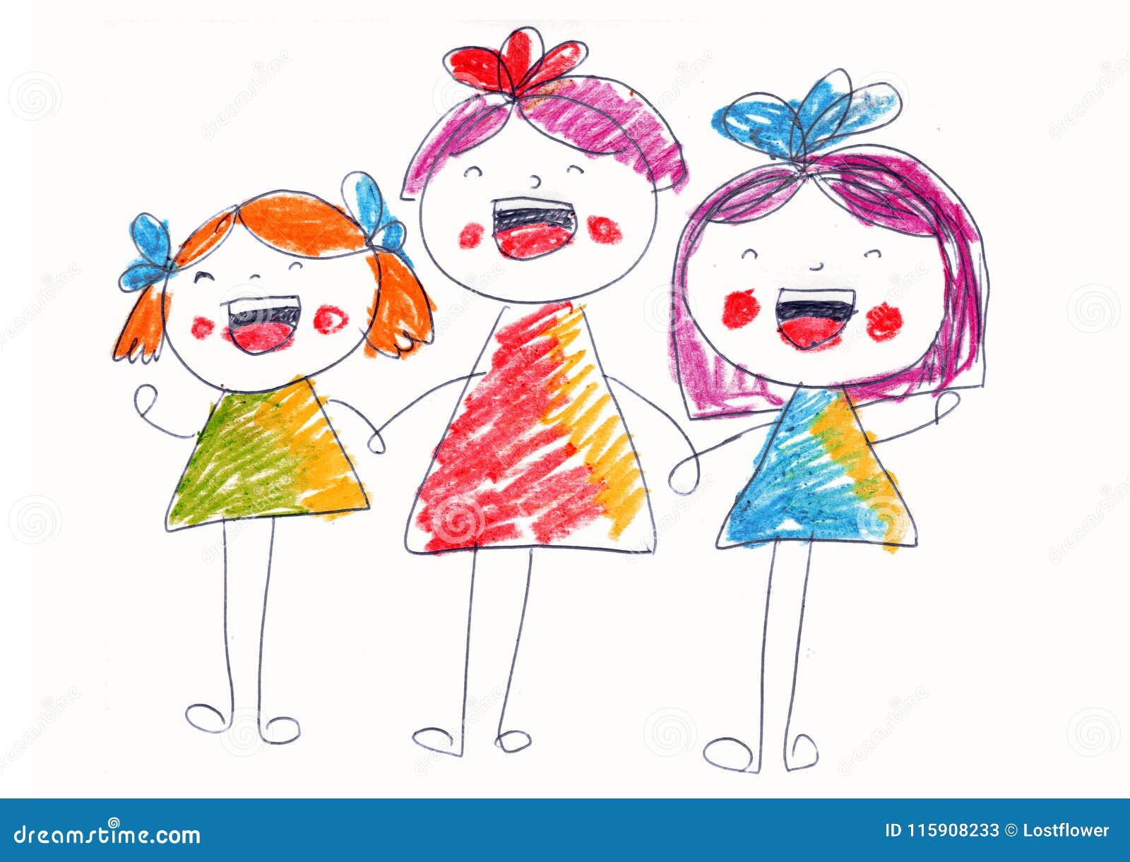 Children Laugh And Sing Happy Girls Kids Drawing Style