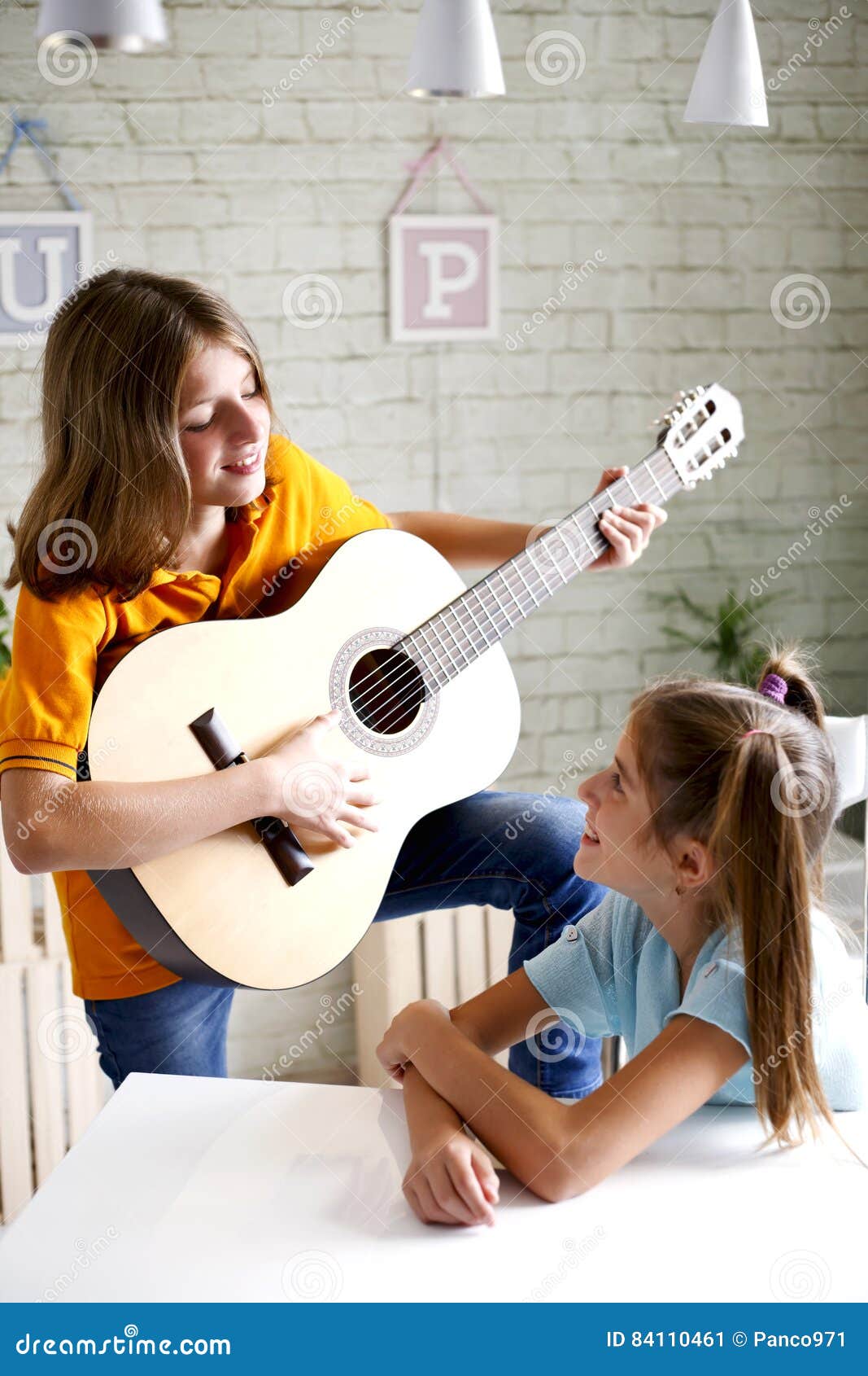 Children Learn To Play Guitar Stock Image Image of class