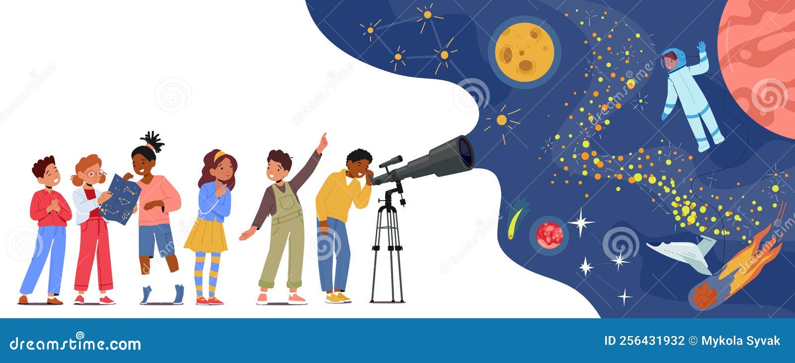 children look in telescope, curious little boys and girls study astronomy science. kid characters observe sky with moon