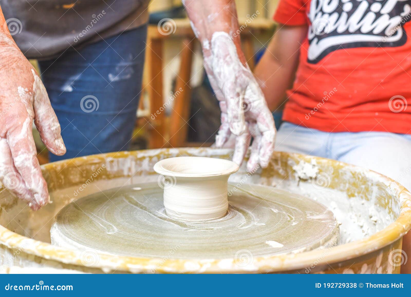Children Making Pottery during Ceramic Lesson with Clay Stock Photo