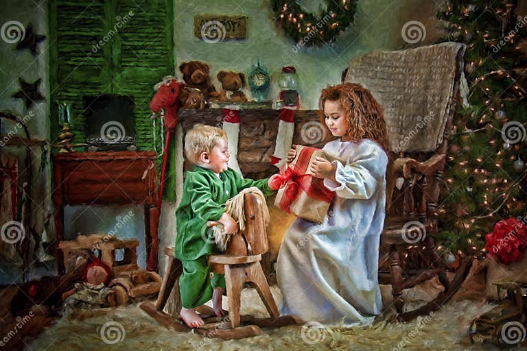 Children Opening Christmas Presents Stock Image - Image of illustrated ...