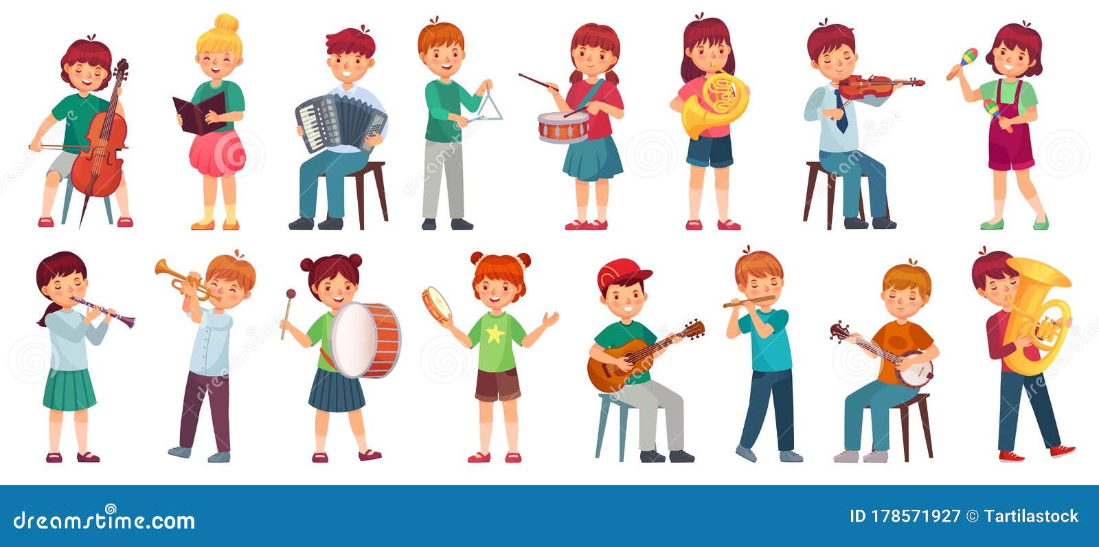 children orchestra play music. child playing ukulele guitar, girl sing song and play drum. kids musicians with music