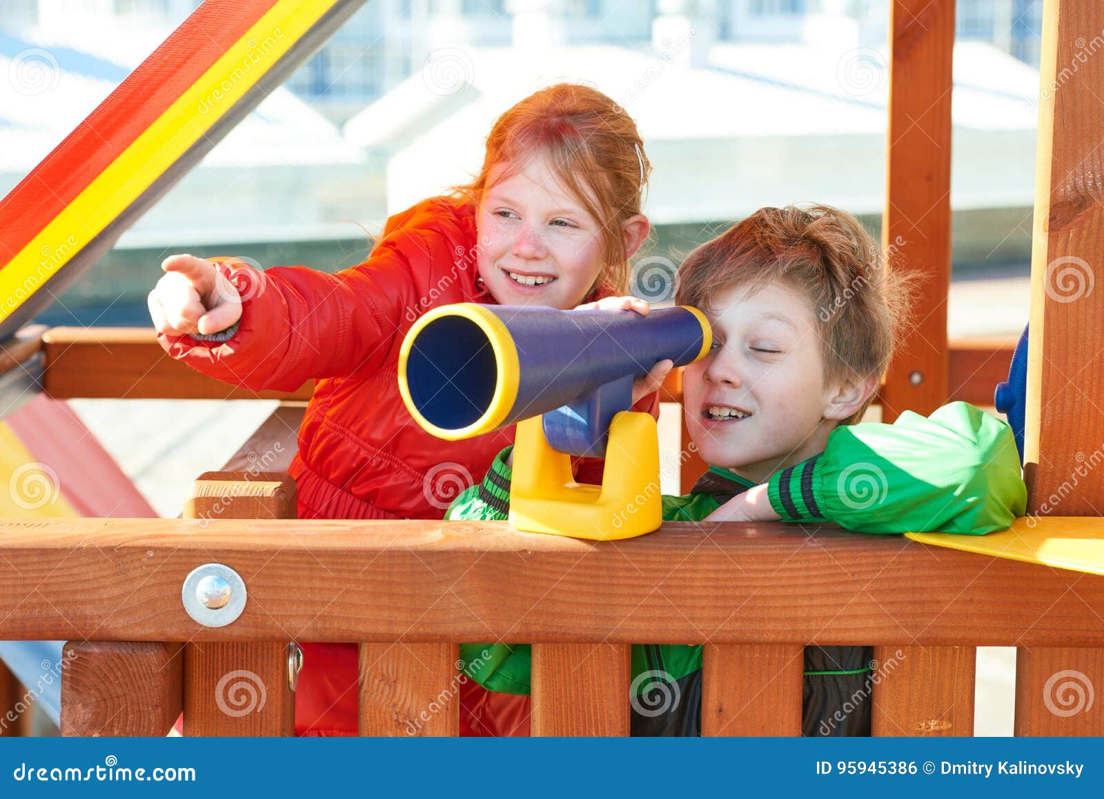 Children Plaing on Playground with Telescope Stock Photo - Image of