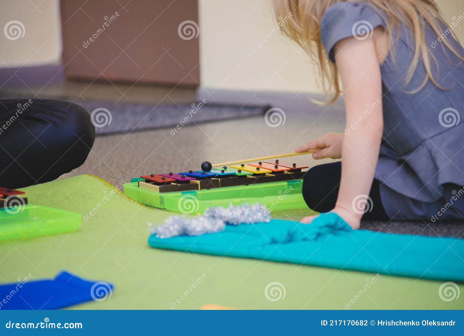 Children Play on Xylophone. Music Lesson for Children Stock Photo