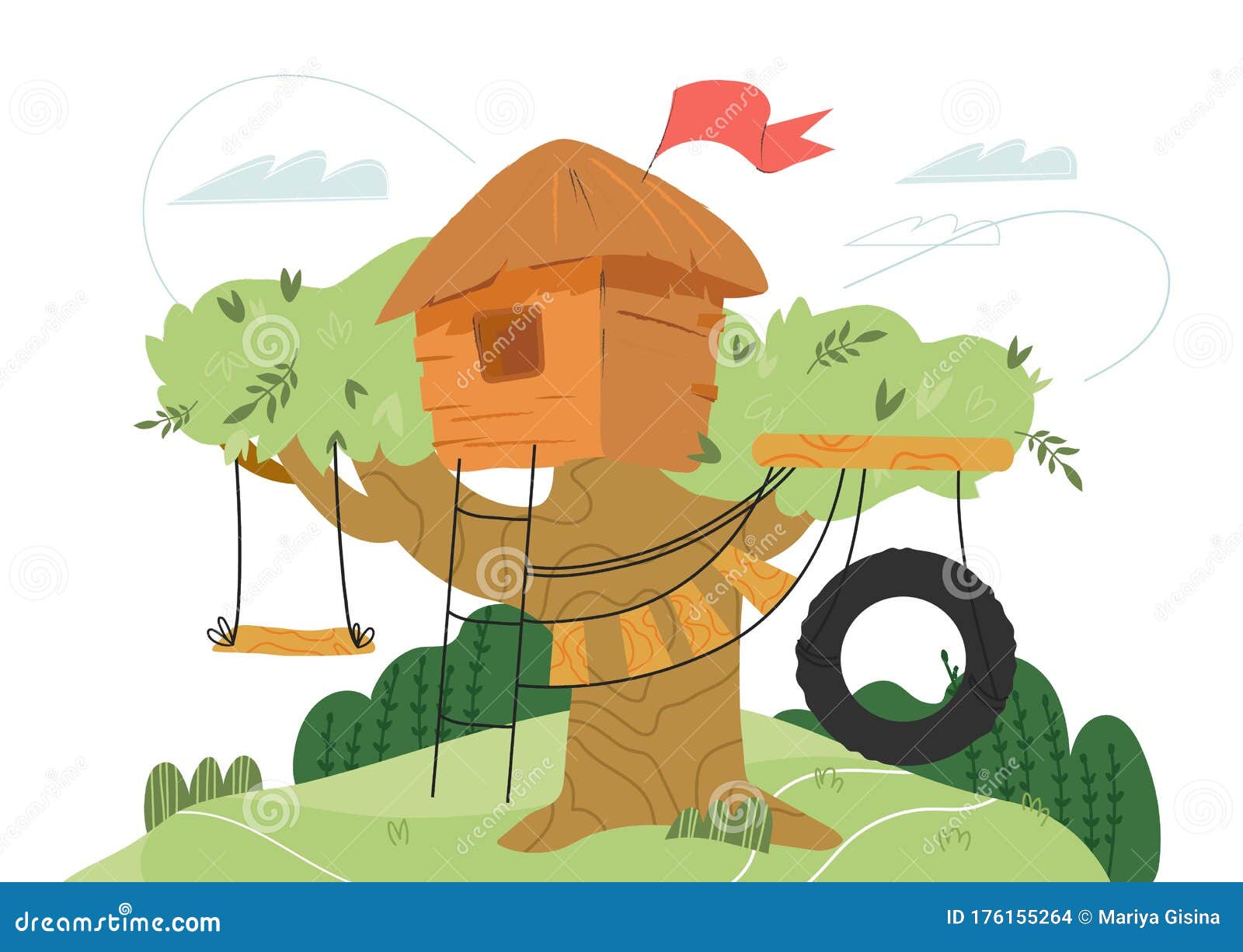 Children Playground Background with Treehouse, Swings and Rope Ladders  Stock Illustration - Illustration of ladder, kids: 176155264