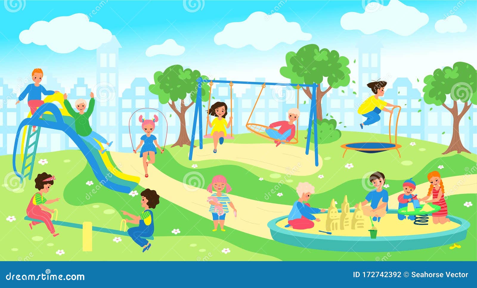 Children at Playground in City Park, Happy Kids Playing Outdoor, Vector  Illustration Stock Vector - Illustration of childhood, kindergarten:  172742392