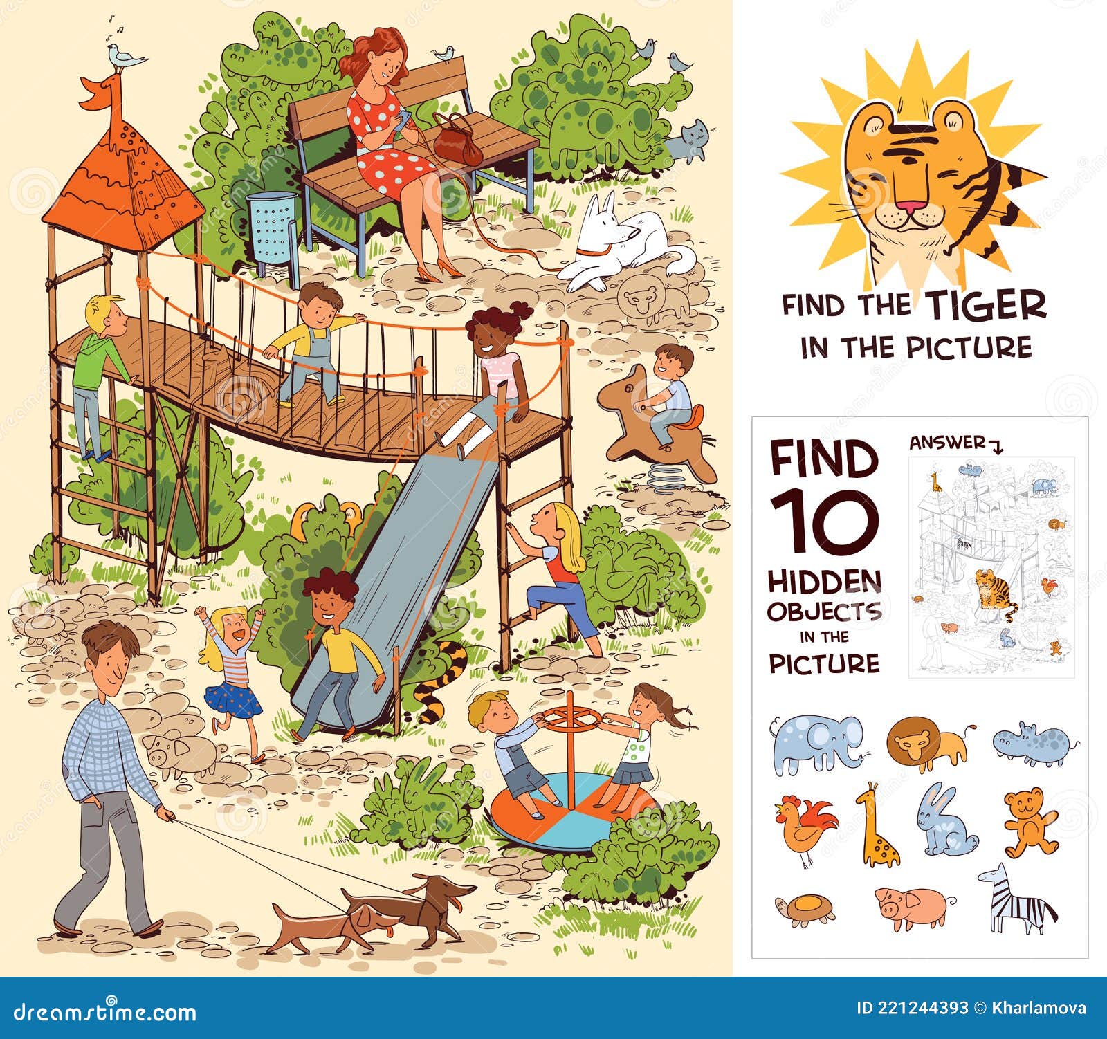 Children in the Playground. Find 10 Hidden Objects in the Picture Stock