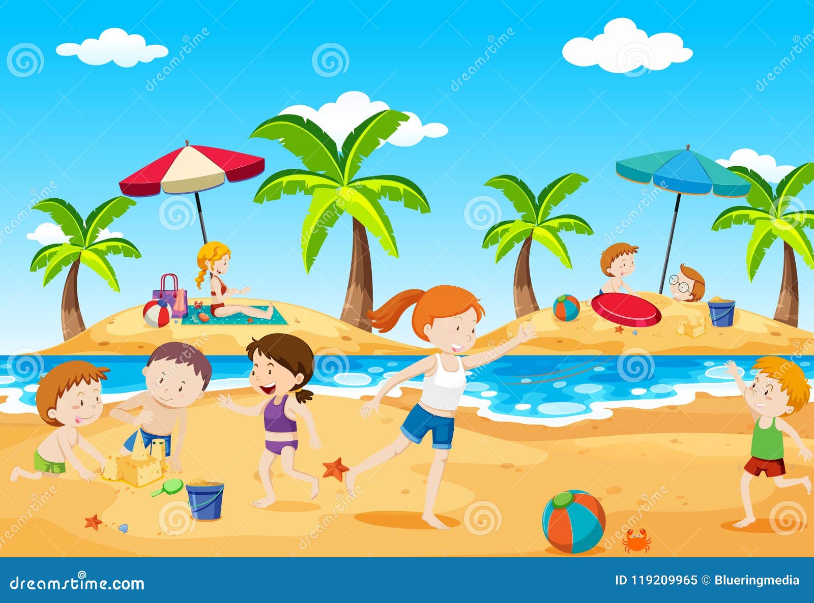 Children Playing at Beach in Summer Stock Vector - Illustration of ...