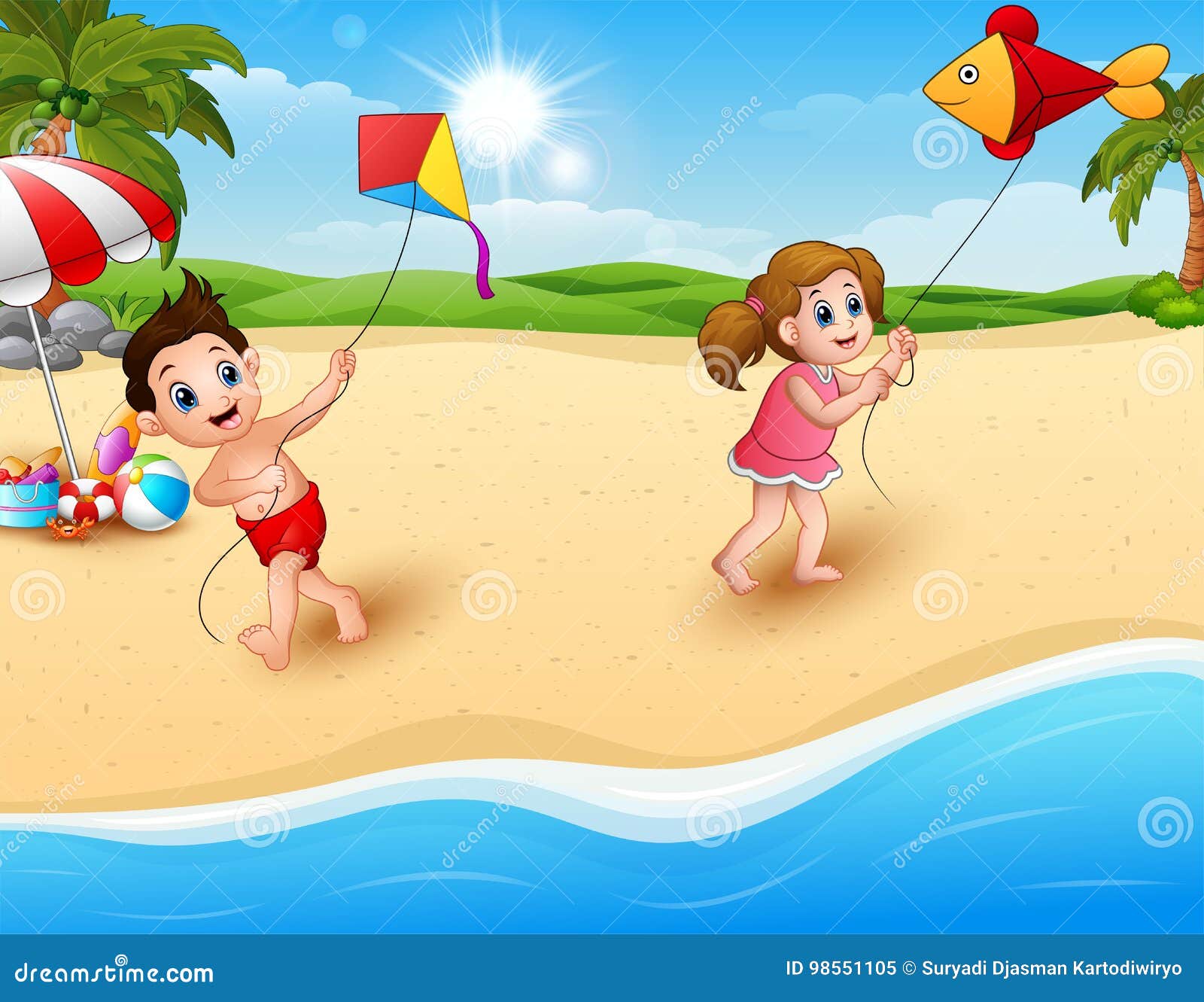 Children Playing a Kites on the Beach Stock Vector Illustration of