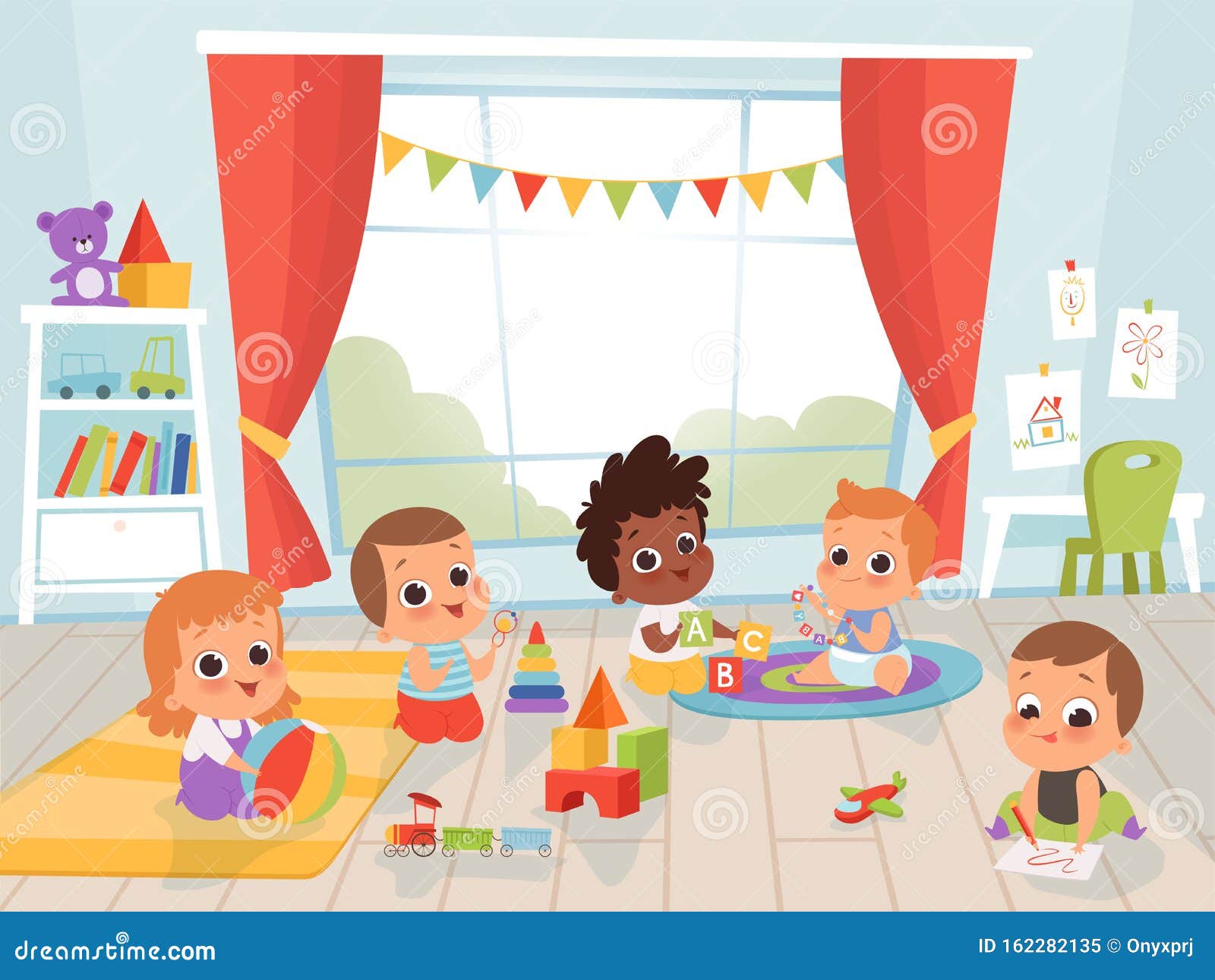 Kids playing with toys cartoon children play Vector Image