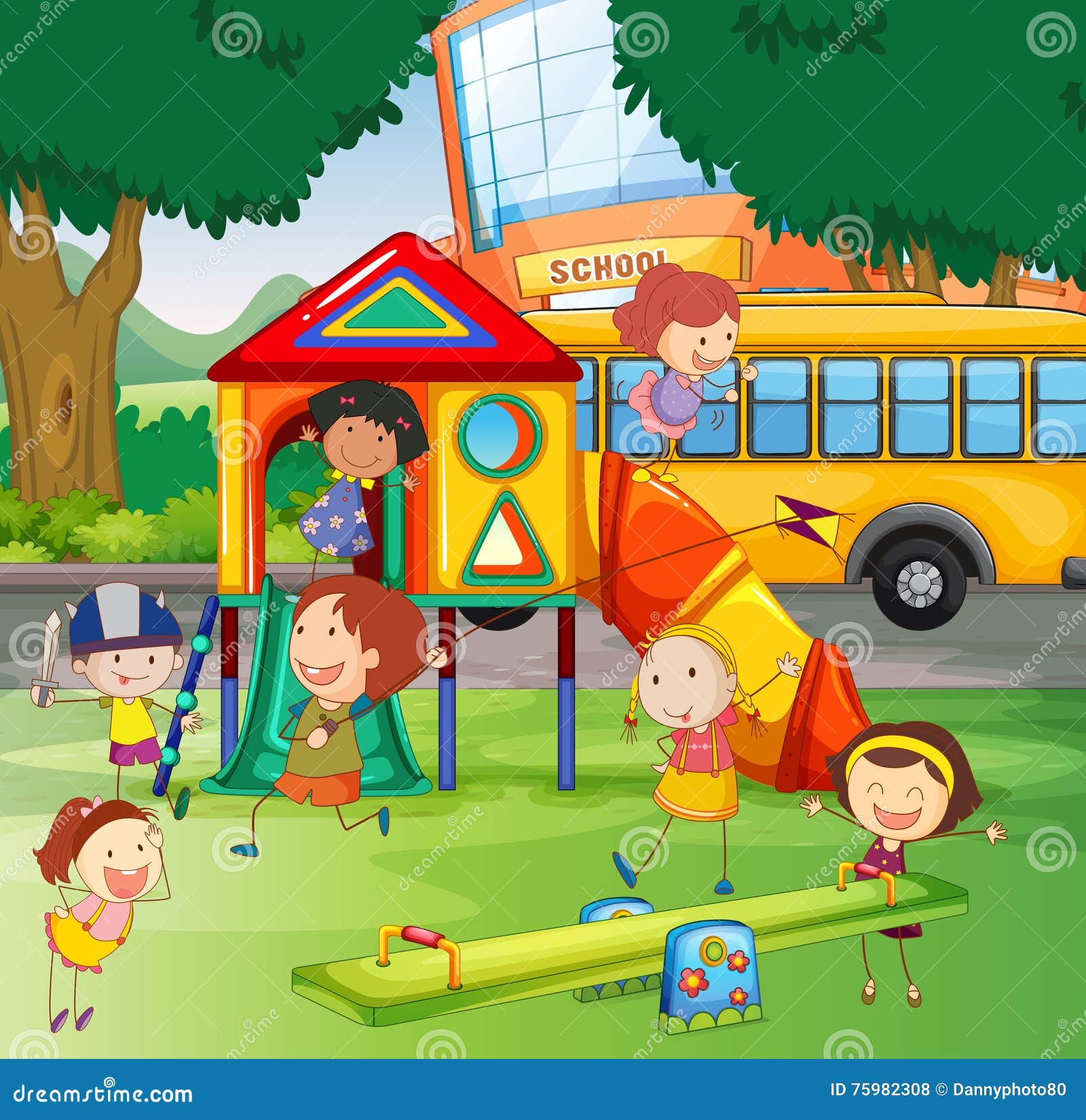 Children Playing In The School Playground Stock Vector Illustration