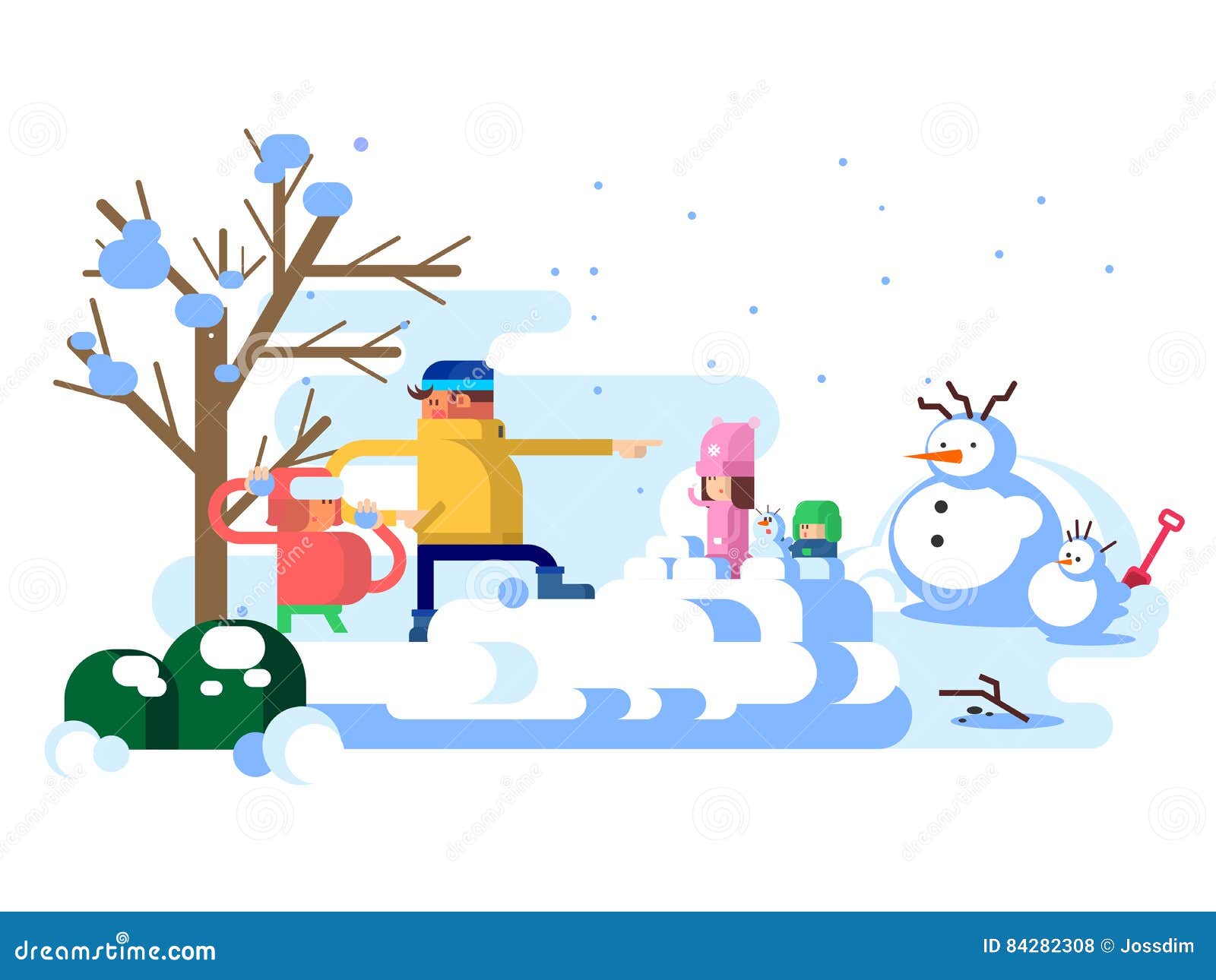 Winter snow outdoor childhood and happy snowman and girl play with boy vector illustration