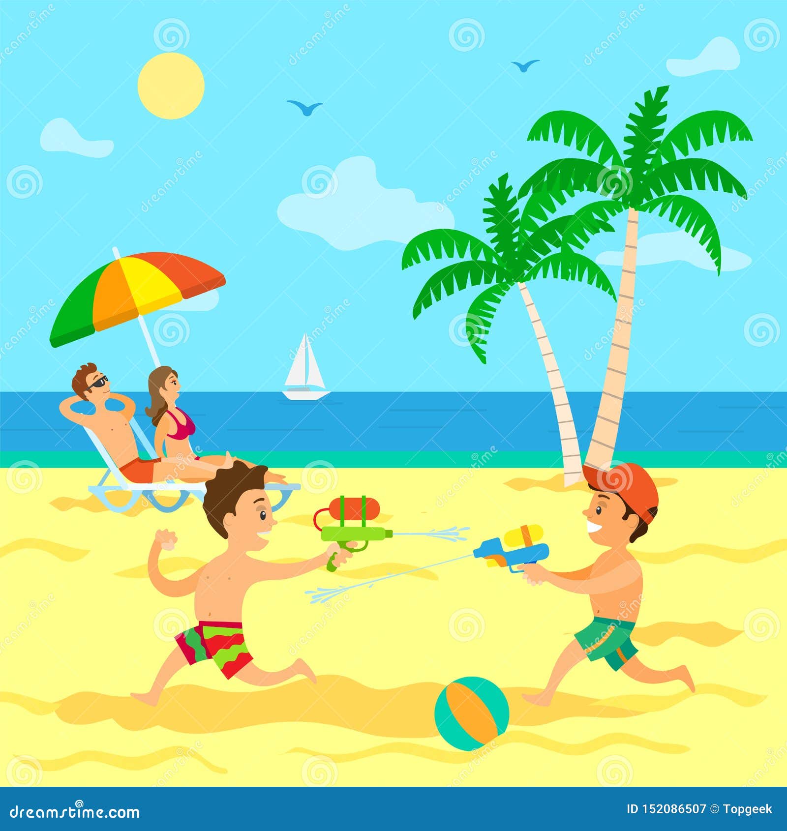 Children Playing with Water Guns, Summer Vacation Stock Vector ...