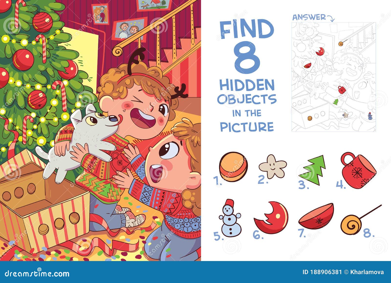 children presented puppy for christmas. find 8 hidden objects in the picture