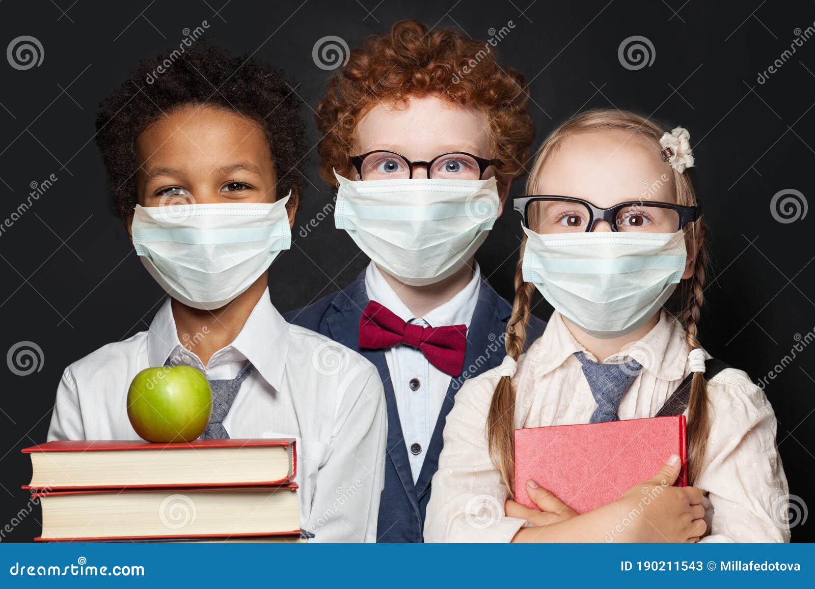 children in protective face mask on black background, back to school and covid-19 concept