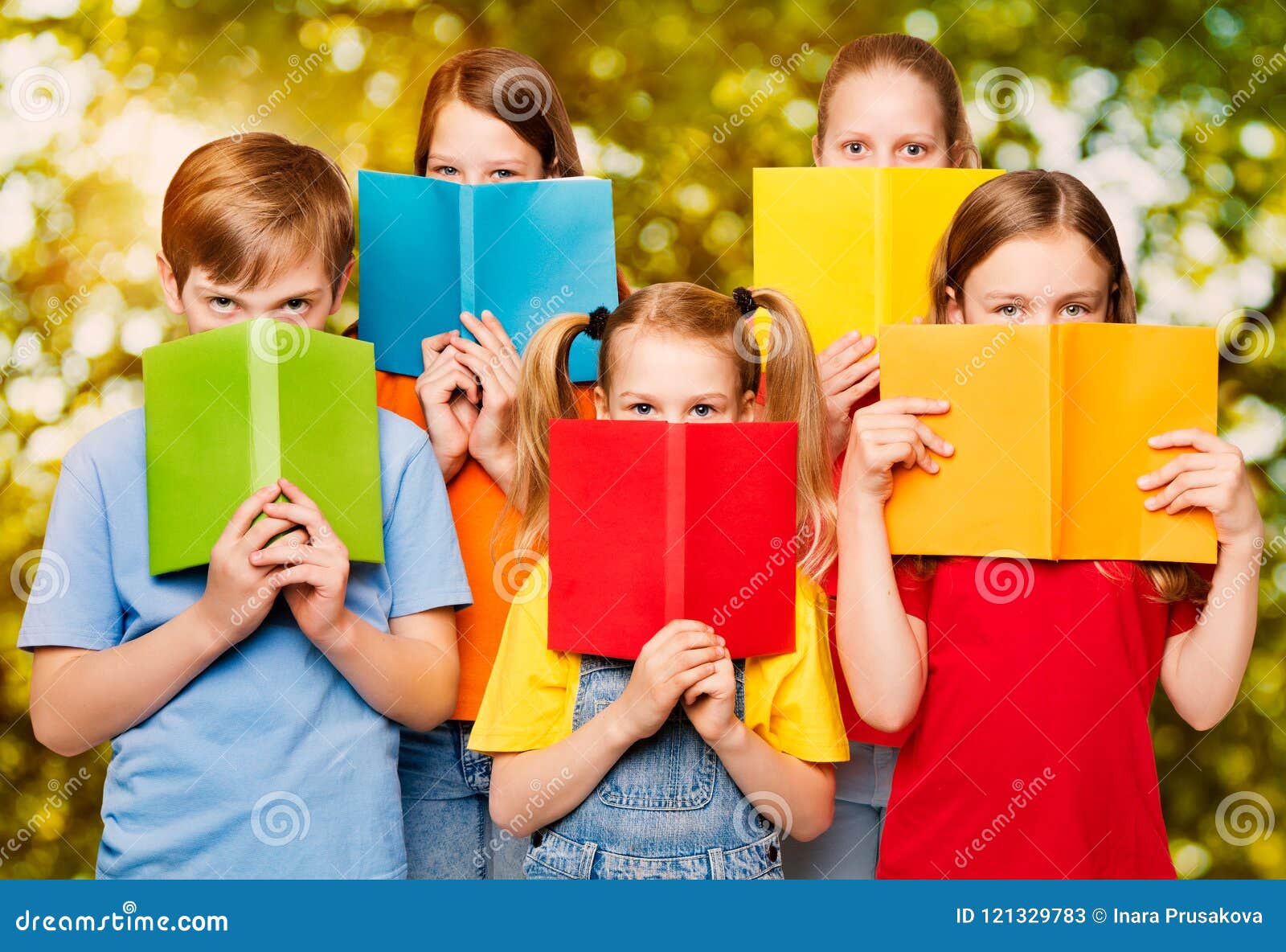 children read books, group of kids eyes behind open blank book c