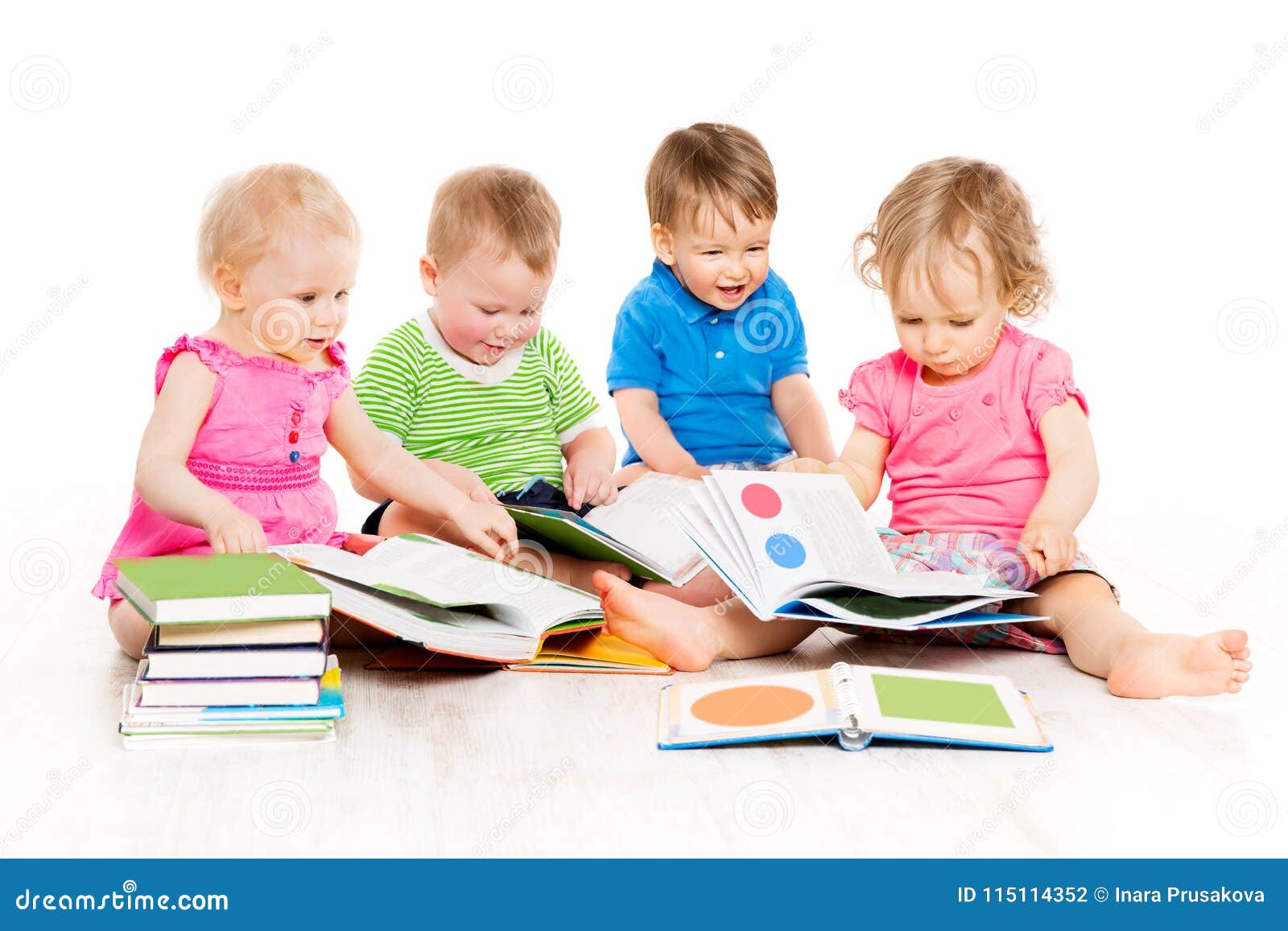 children reading books, babies early education, kids group, white