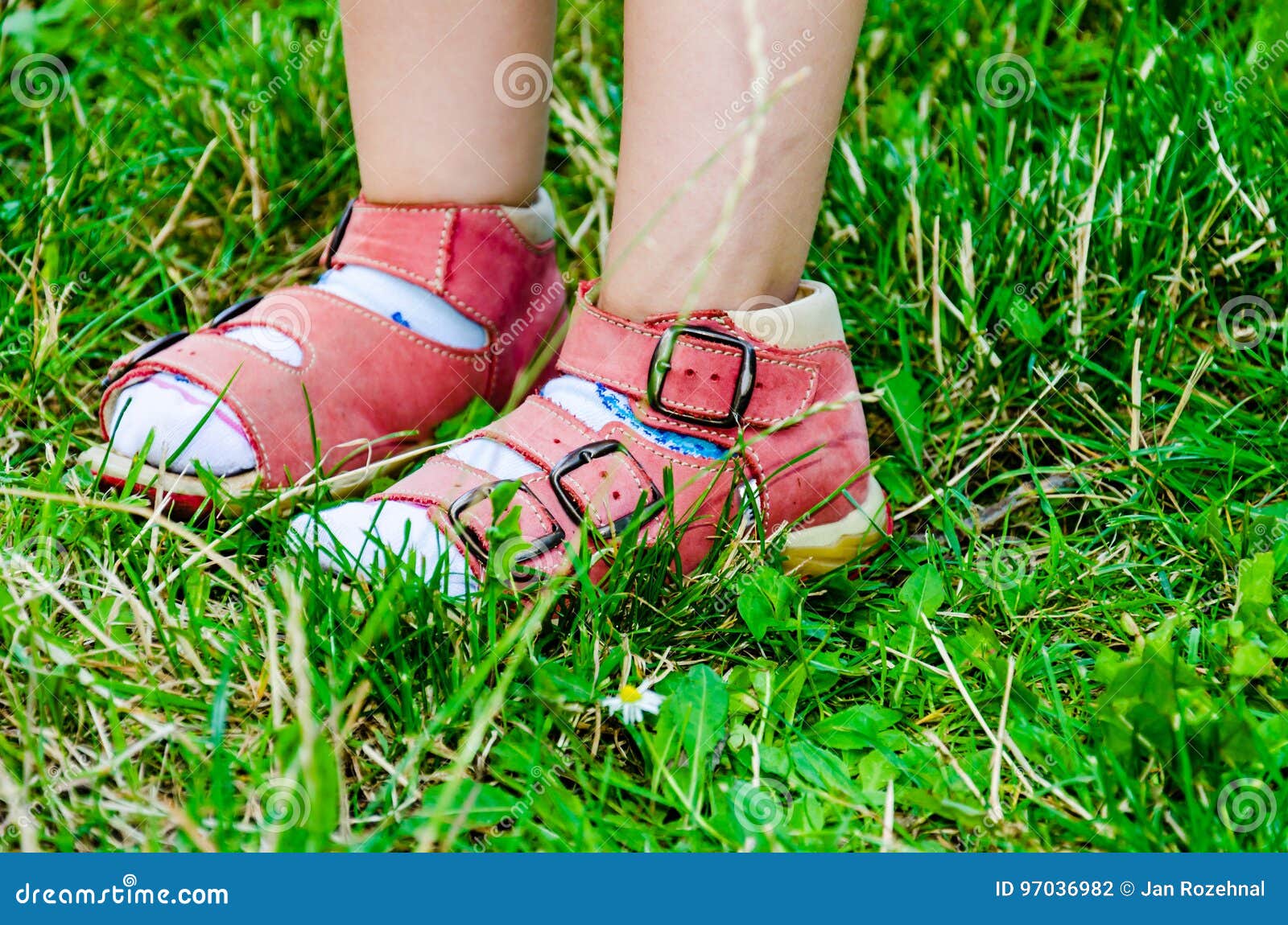 Children in red sandals stock photo. Image of dress, summer 97036982
