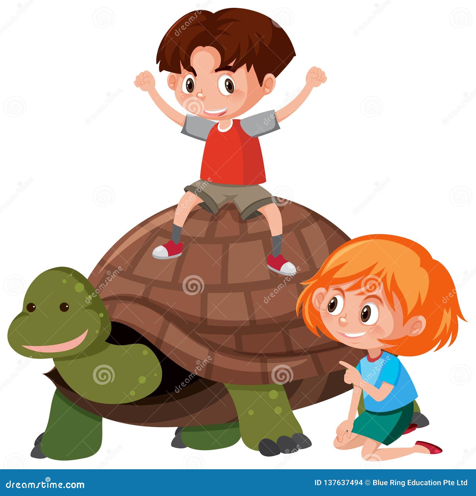 Children riding a turtle stock vector. Illustration of girl 137637494