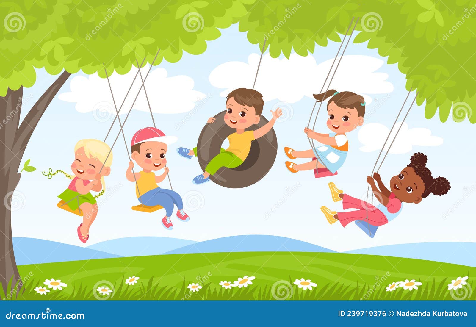 children rope swings. kids play on nature. friends group swinging under trees foliage. flying on wheel tire. girls and