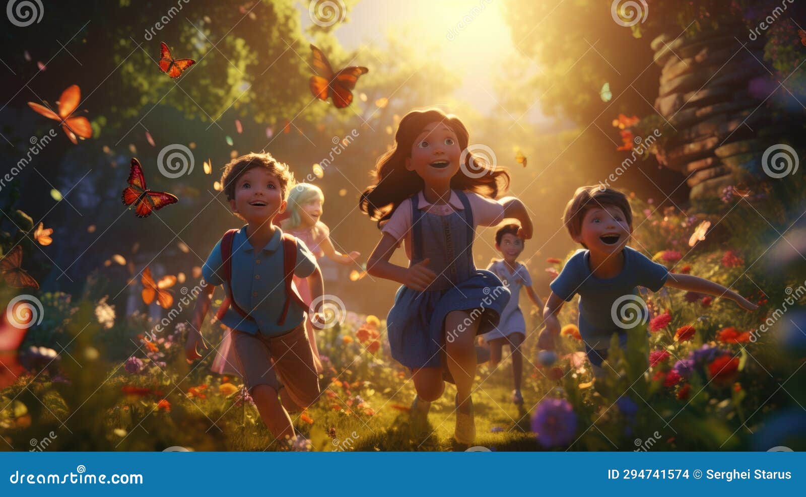 The Children are Running through a Field of Butterflies, AI Stock Photo ...
