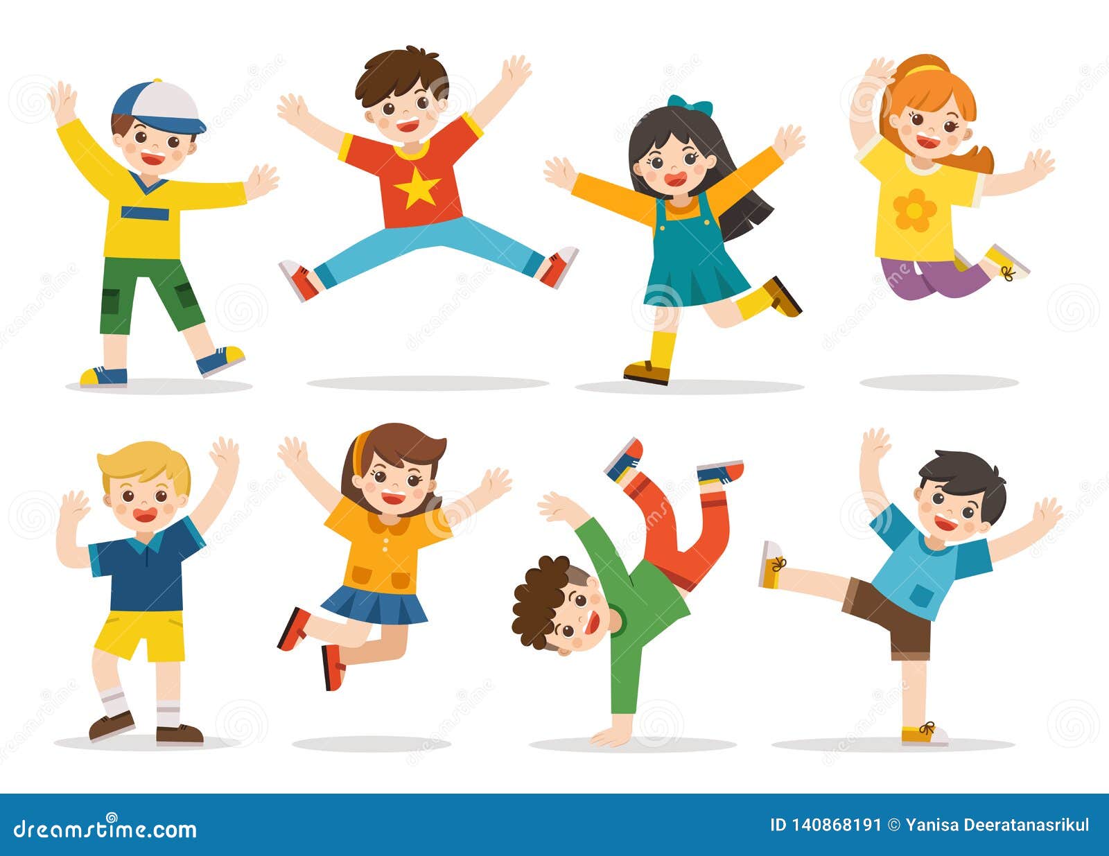 children`s activities. happy kids jumping together on the background. boys and girls are playing together happily.