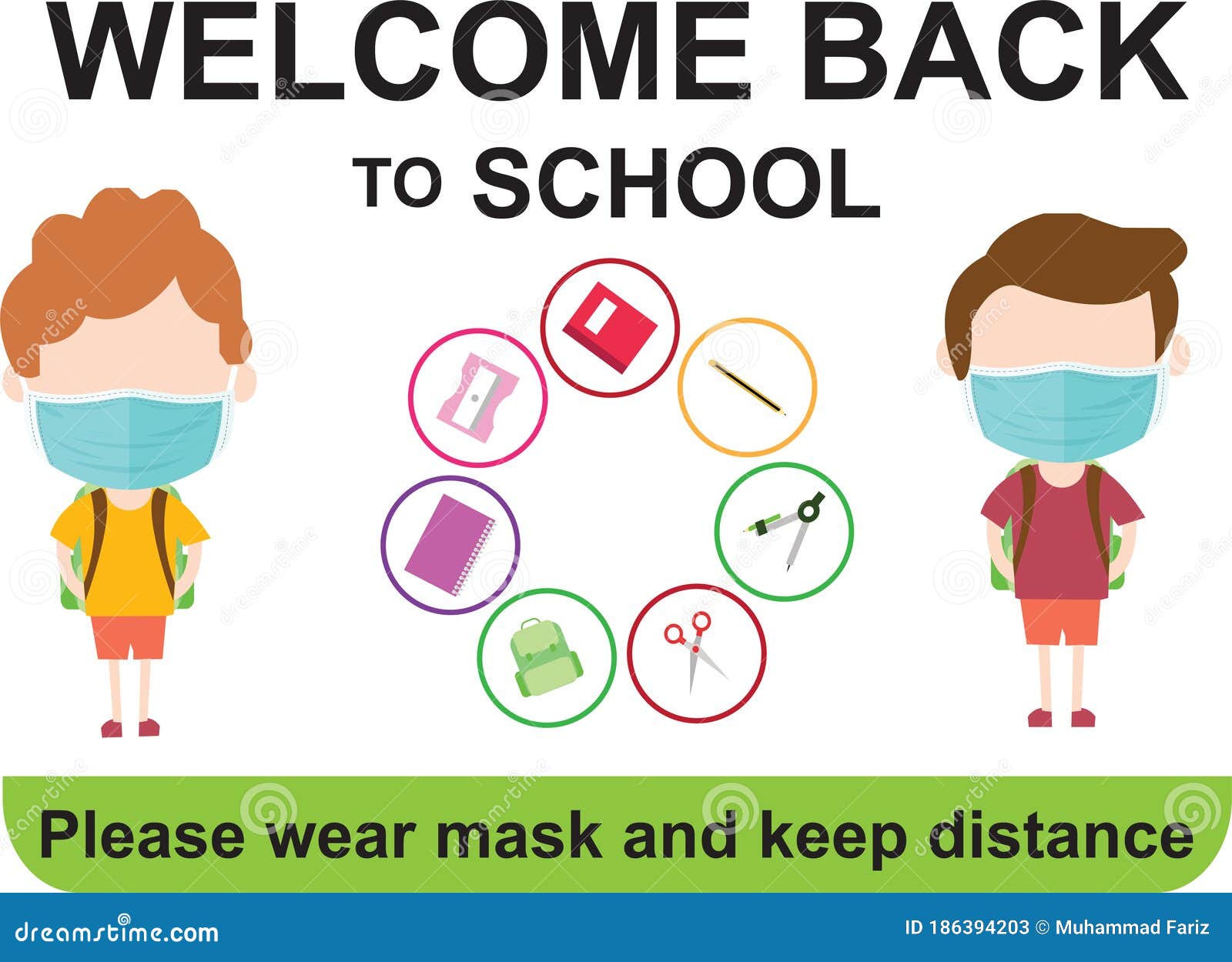 Children S Cartoons Welcome Back To School Keep Their Distance And Wear Masks Vector Illustrations For The Post Covid 19 Stock Vector Illustration Of Child Design
