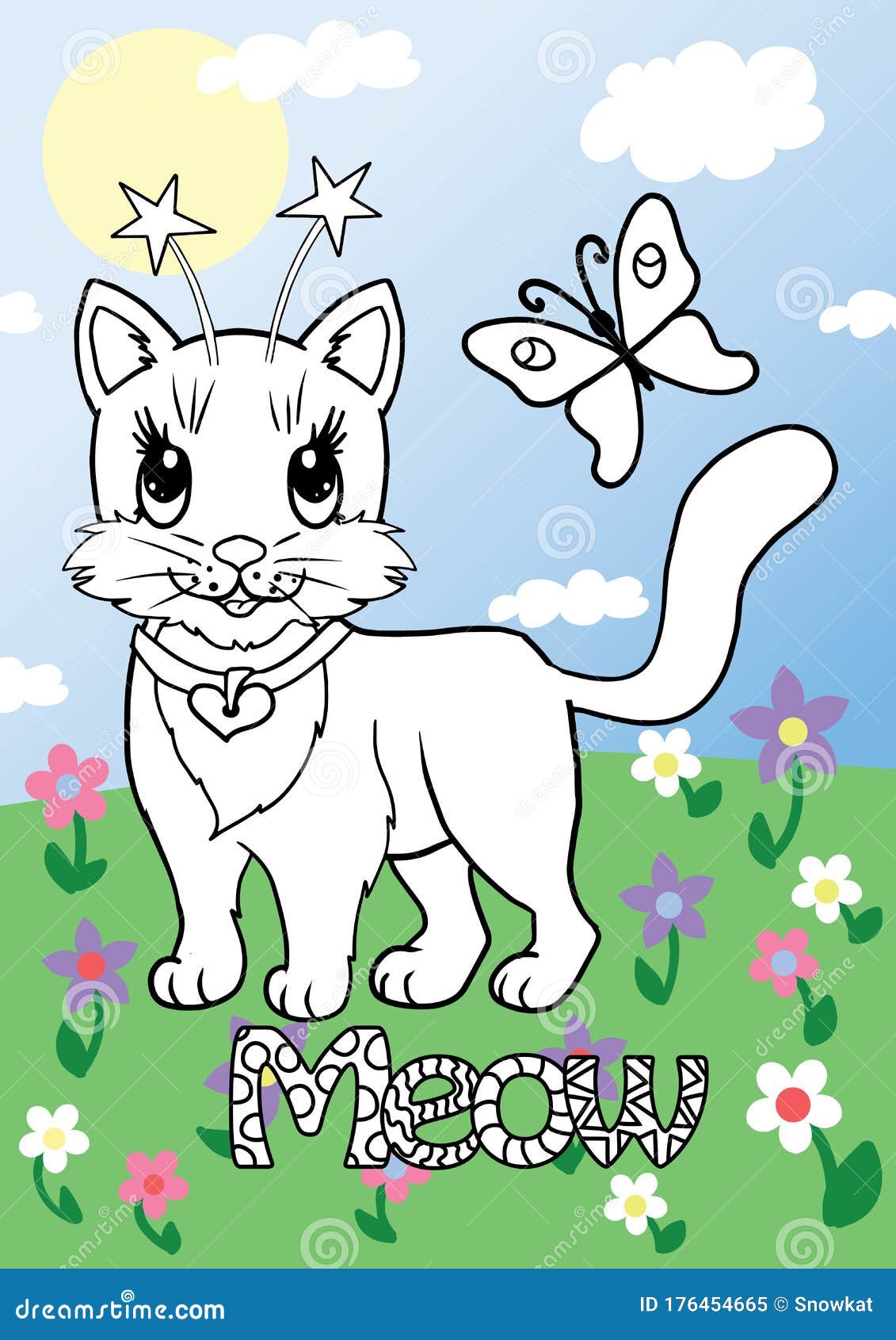 Children`s Coloring Book with a Cute Cat on a Colored Background ...