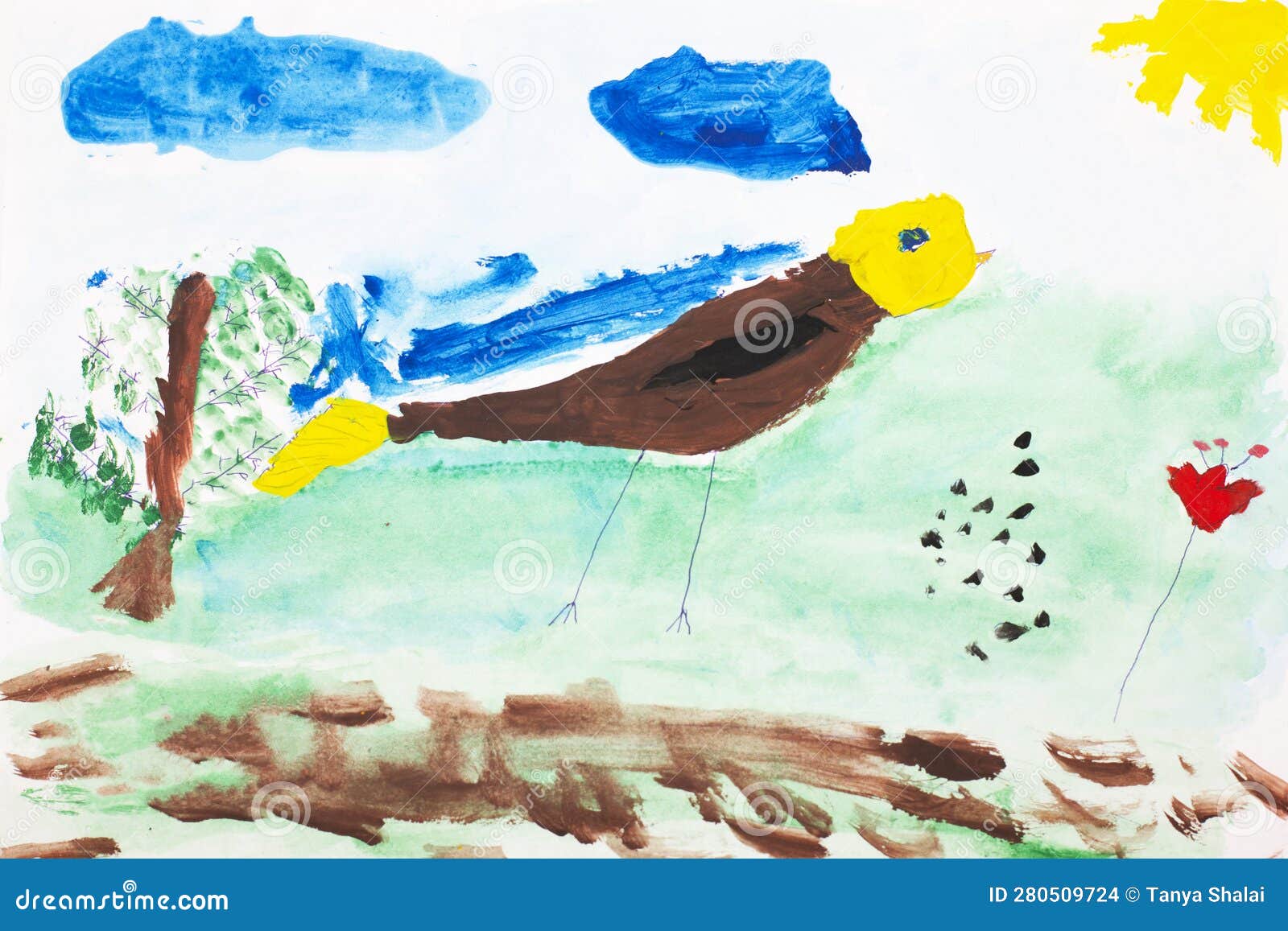 bird in the meadow. real drawing of a small child. drawing by watercolor.