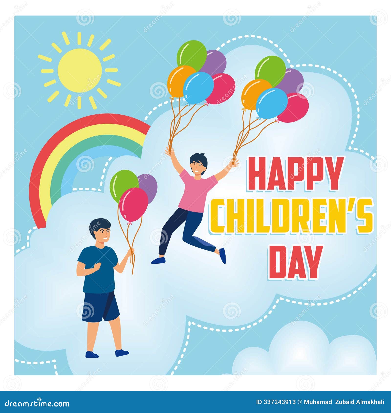children's day. laughing children fly holding a bunch of balloons in their hands.